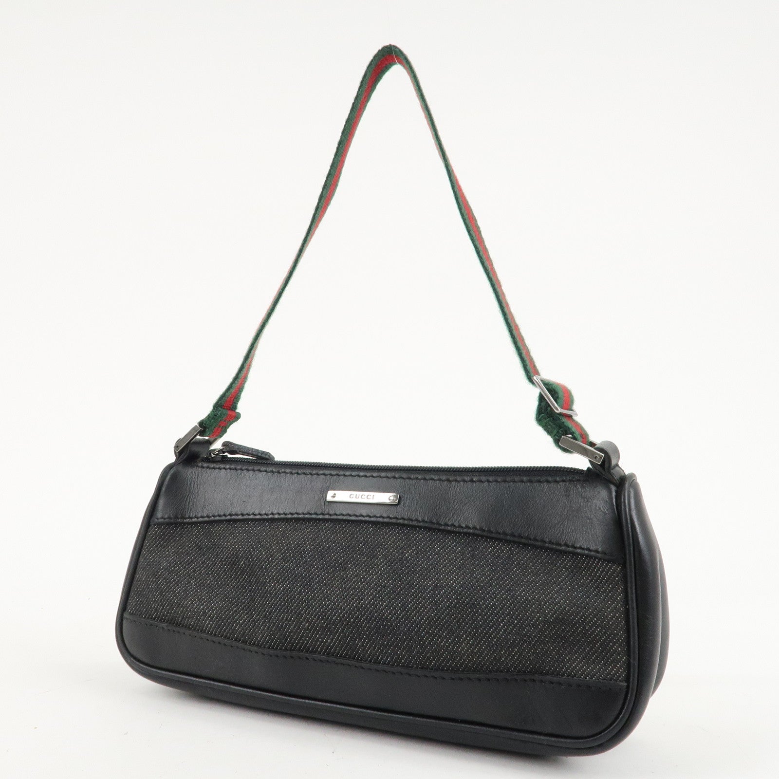 GUCCI Sherry Canvas Leather Accessory Pouch Hand Bag Black 92820 Used