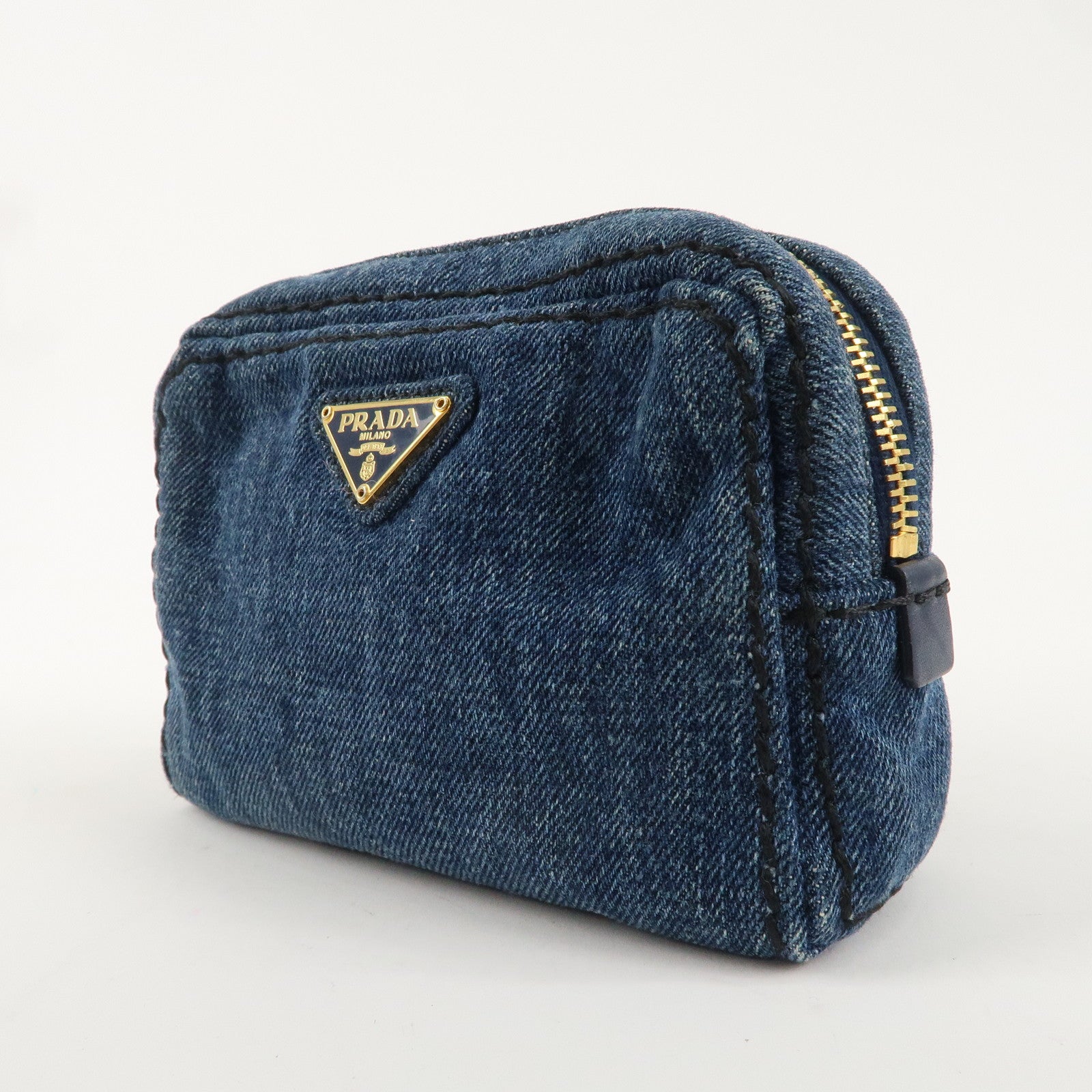 PRADA Triangle Logo Denim Pouch Cosmetic Pouch Blue