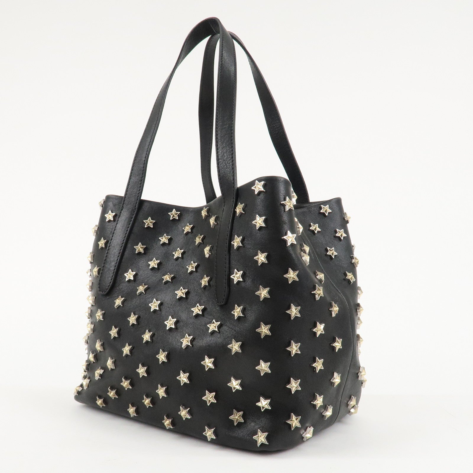 JIMMY CHOO Leather Tote Bag Hand Bag Star Studs Black Gold HDW