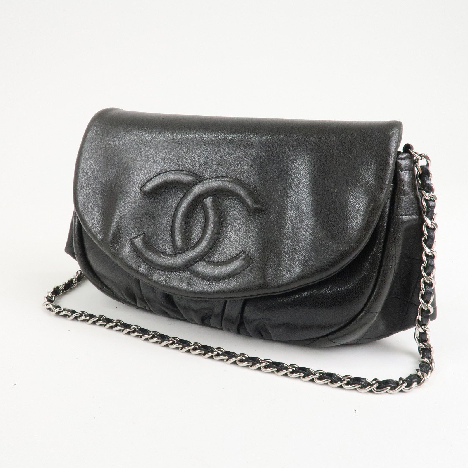 CHANEL COCO Mark Lamb Skin Half Moon Chain Shoulder Bag A40033 Used