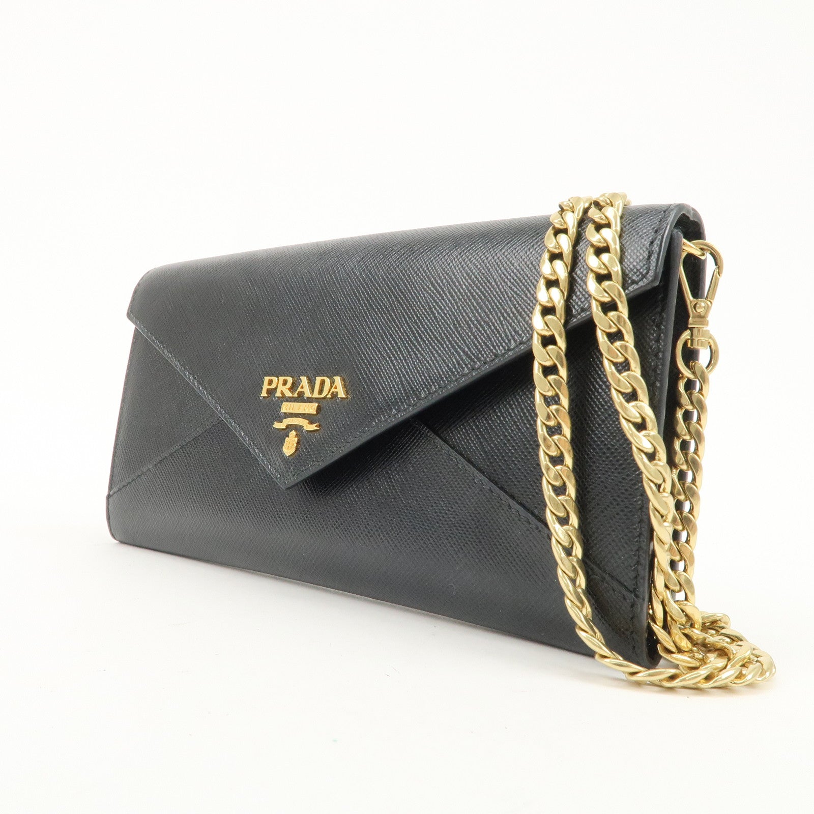 PRADA Leather Chain Shoulder Long Wallet Black 1DH057