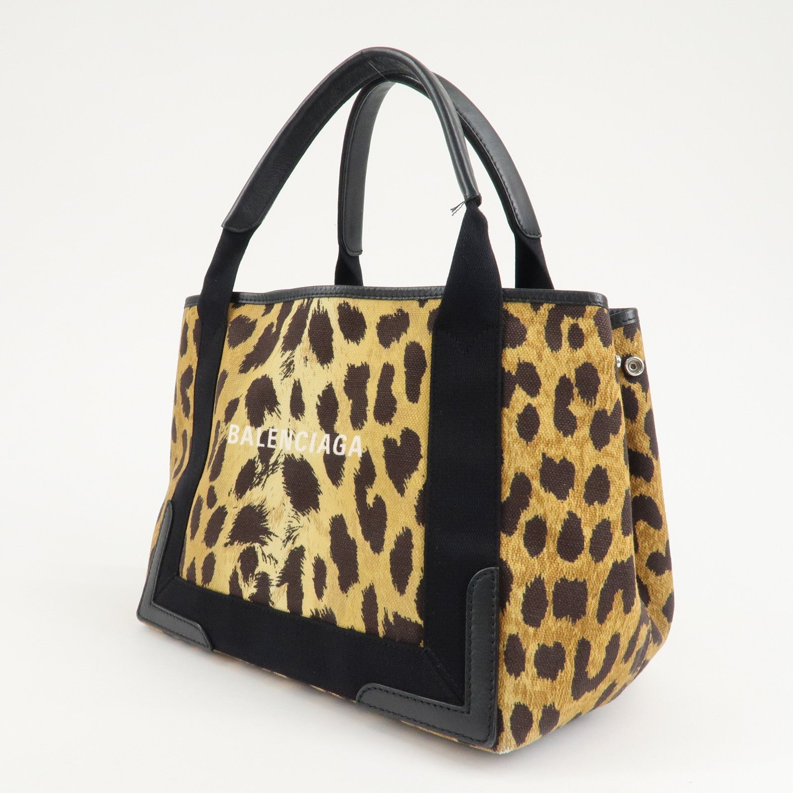 BALENCIAGA Navy Cabas S Canvas Leather Tote Bag Leopard 339933