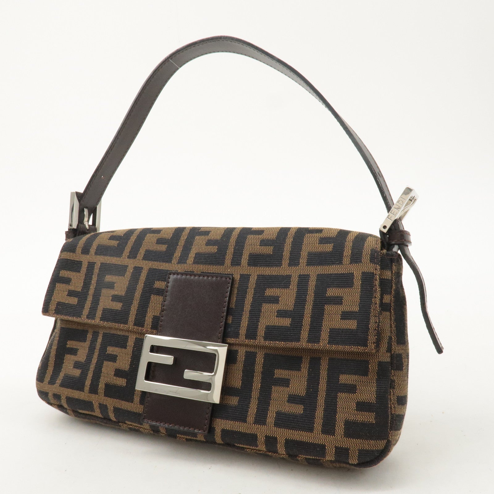 FENDI Mamma Baguette Canvas Leather Shoulder Bag Brown Black 26424