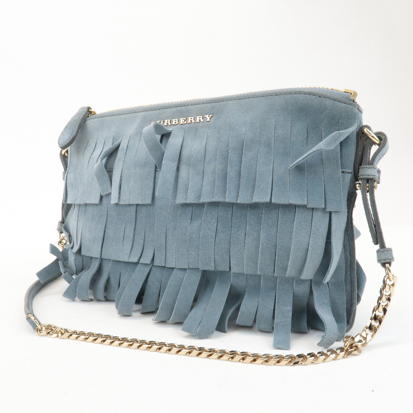 BURBERRY Leather Suede Chain Sholder Bag Hand Bag Light Blue