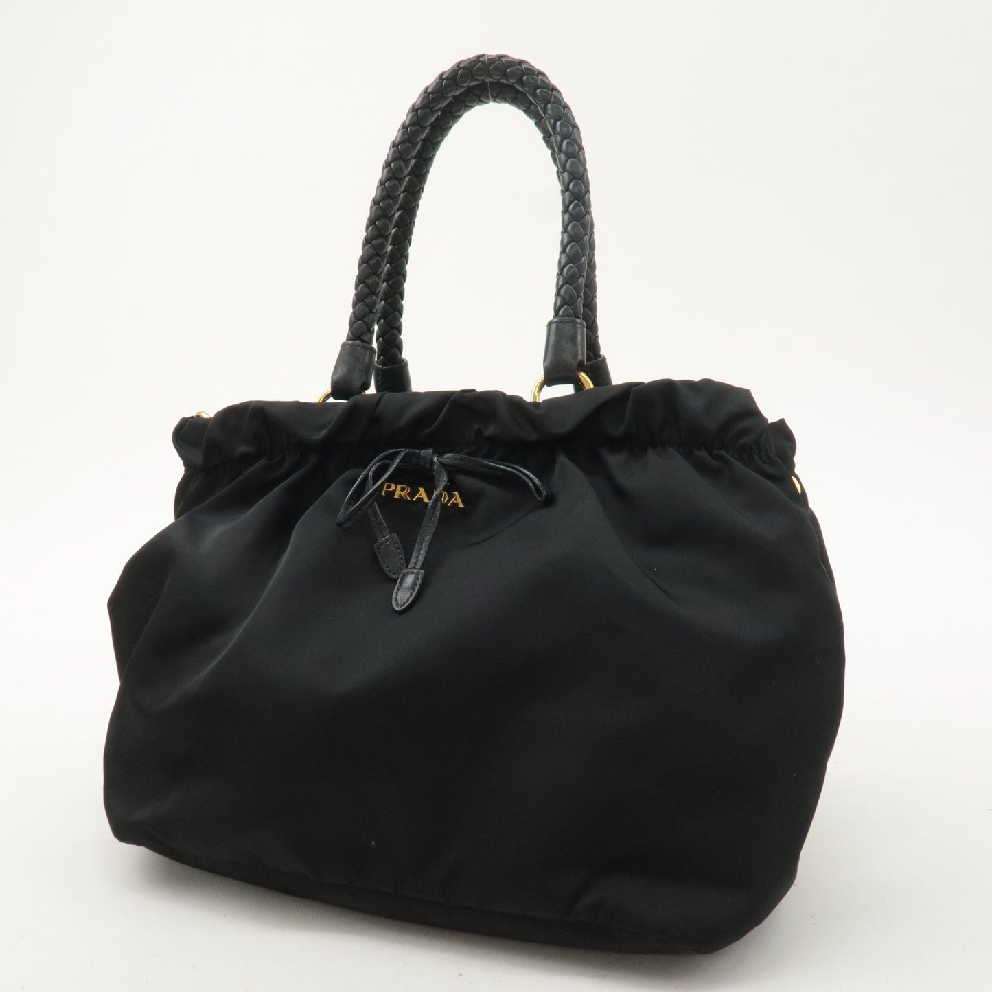 PRADA Logo Nylon Leather Tote Bag Hand Bag Black Gold HDW