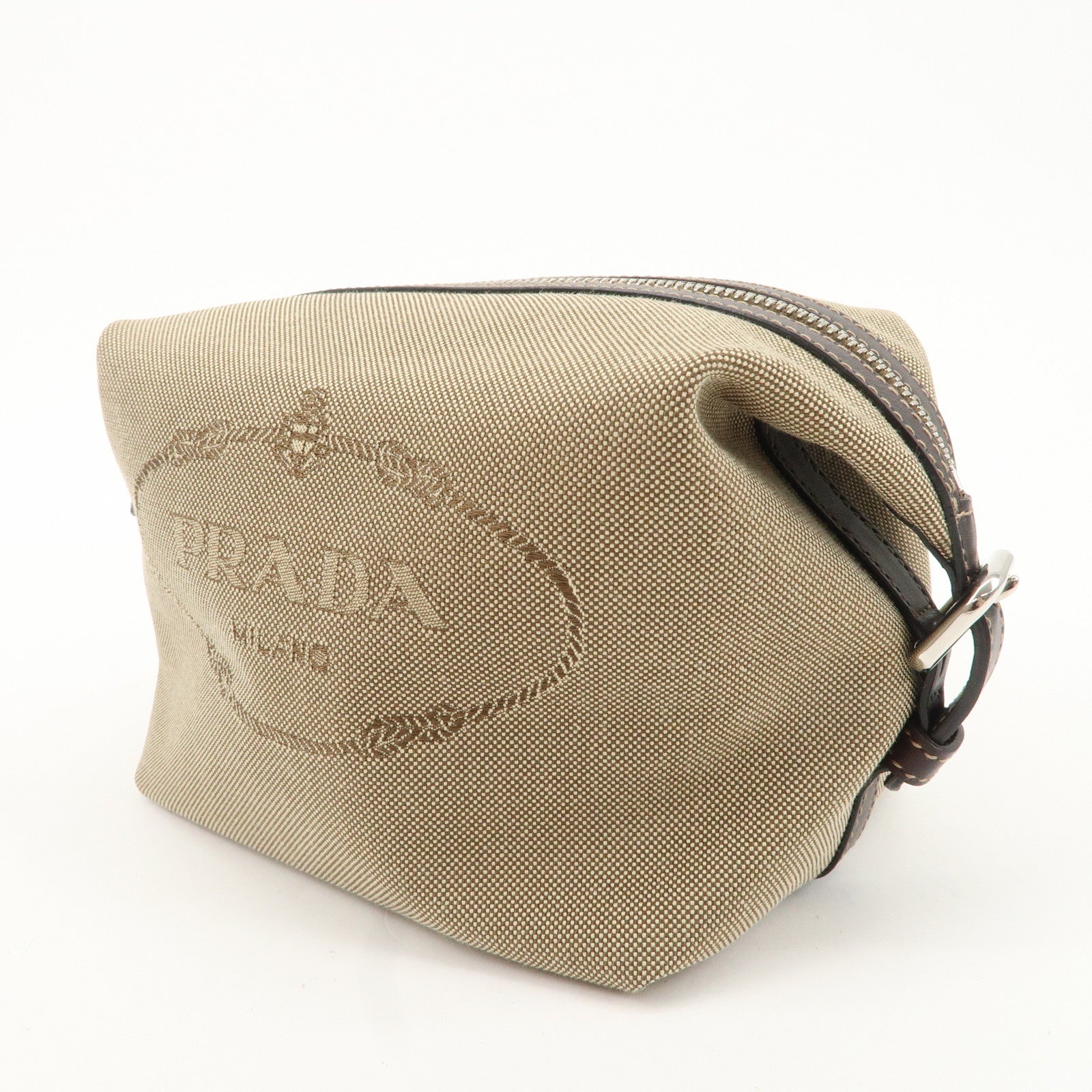 PRADA Logo Jacquard Leather Pouch Beige Brown 1N1298