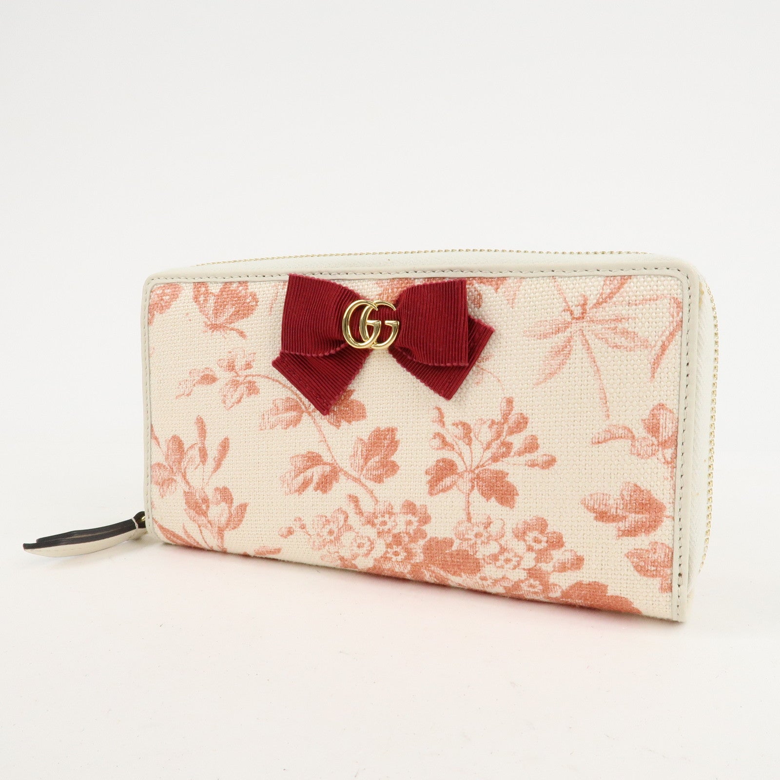 GUCCI GG Marmont Canvas Leather Floral Pattern Round Zipper Wallet