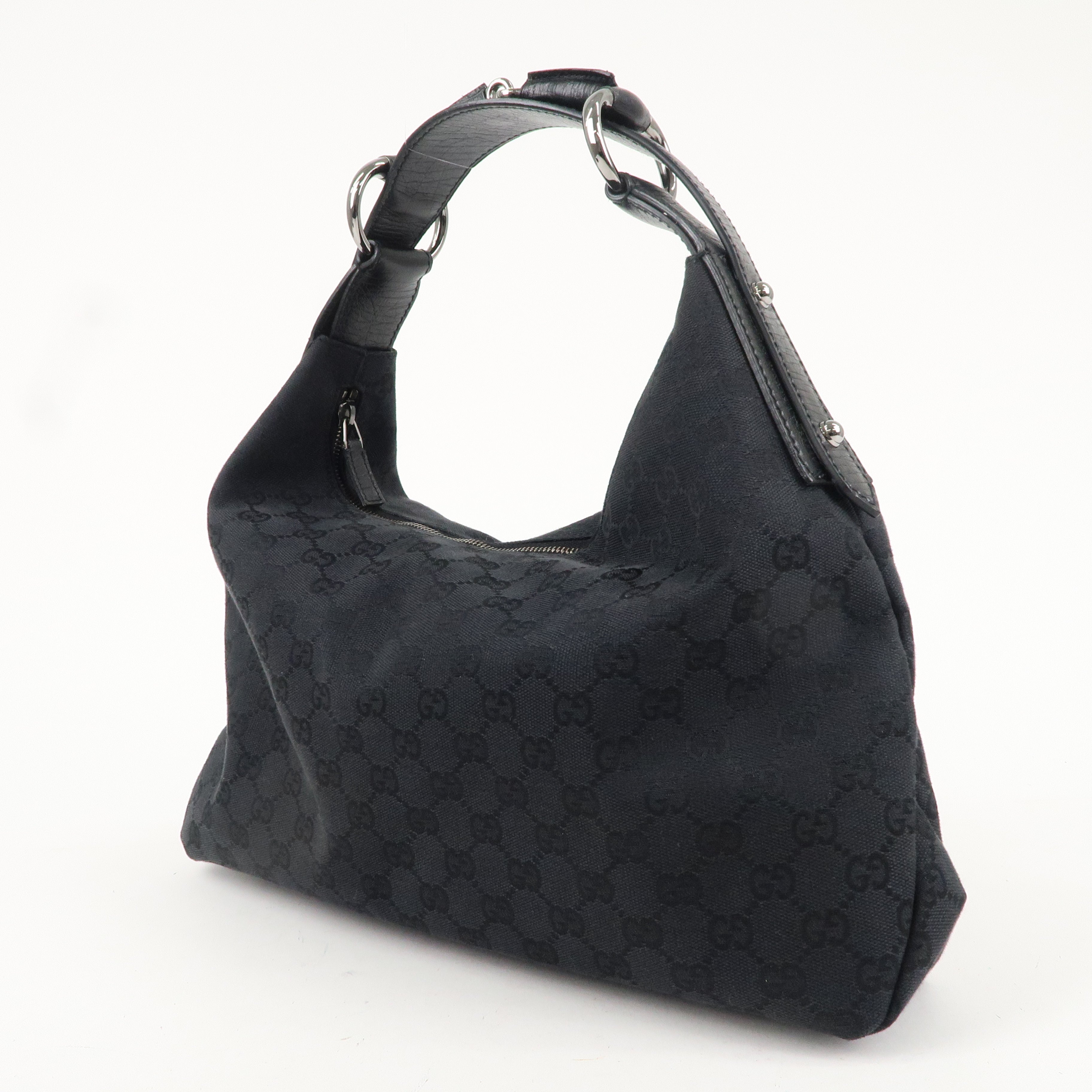 GUCCI Horsebit GG Canvas Leather Shoulder Bag Black 115867