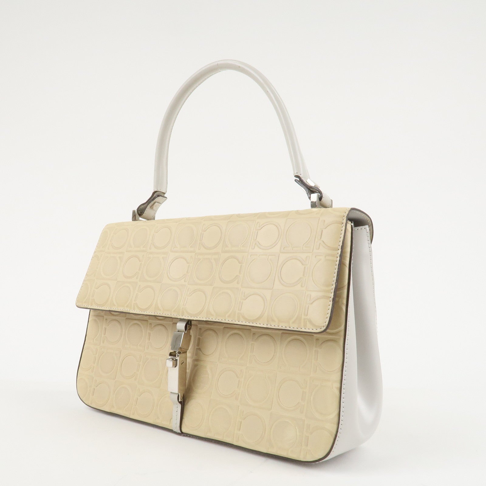 Ferragamo Gancini Pattern Leather Hand Bag Ivory Used