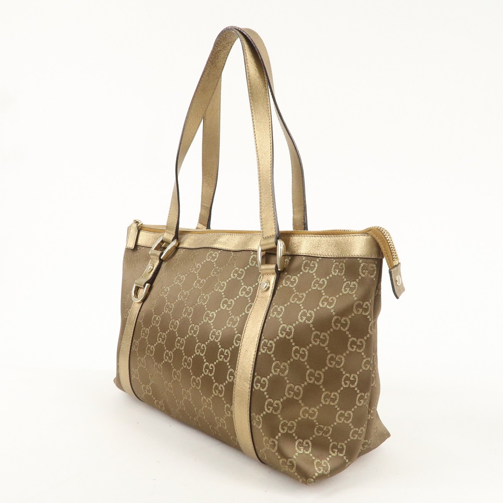 GUCCI Abbey GG Satin Nylon Leather Tote Bag Brown Gold 171470