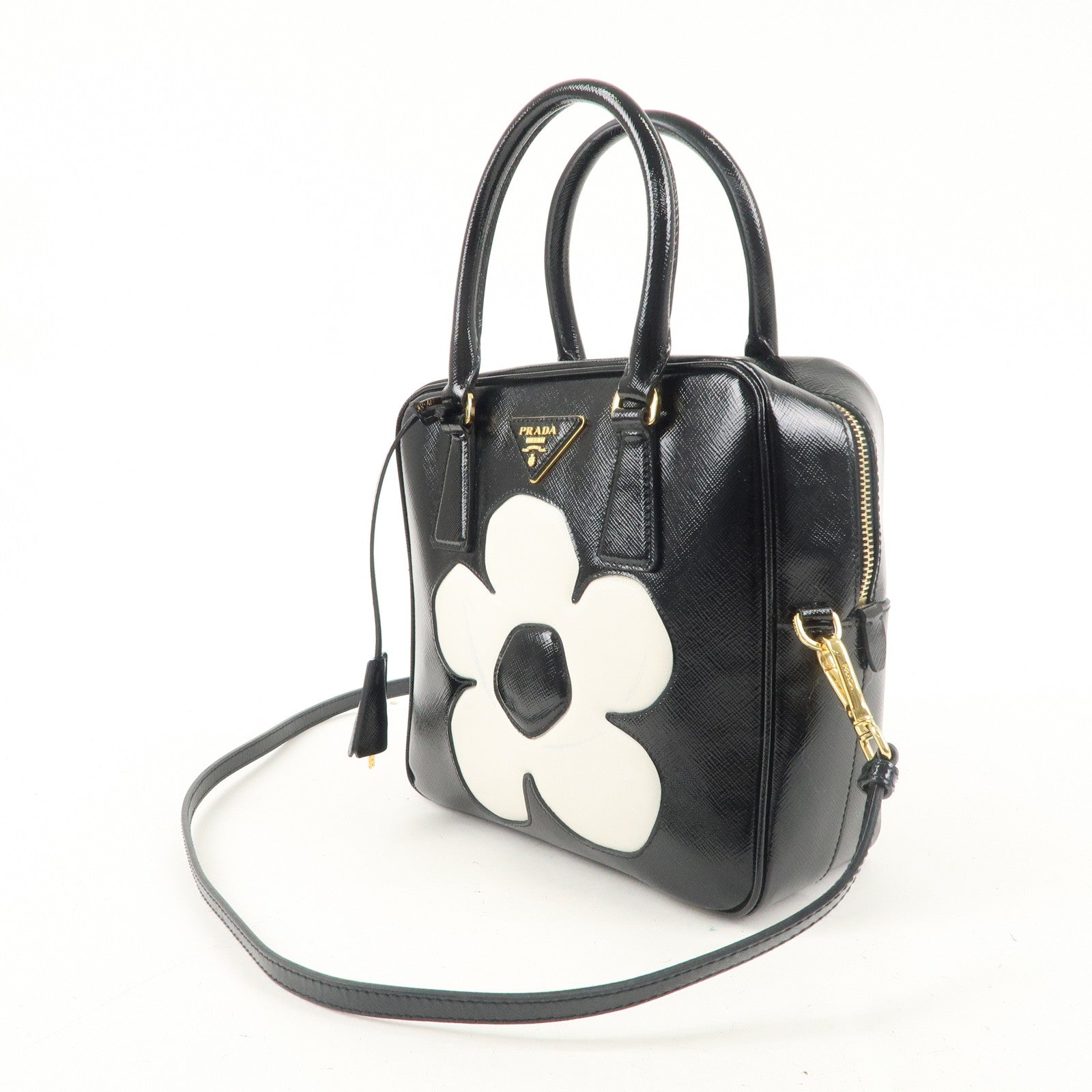 PRADA Saffiano Vernis Leather Flower 2Way Shoulder Hand Bag Black