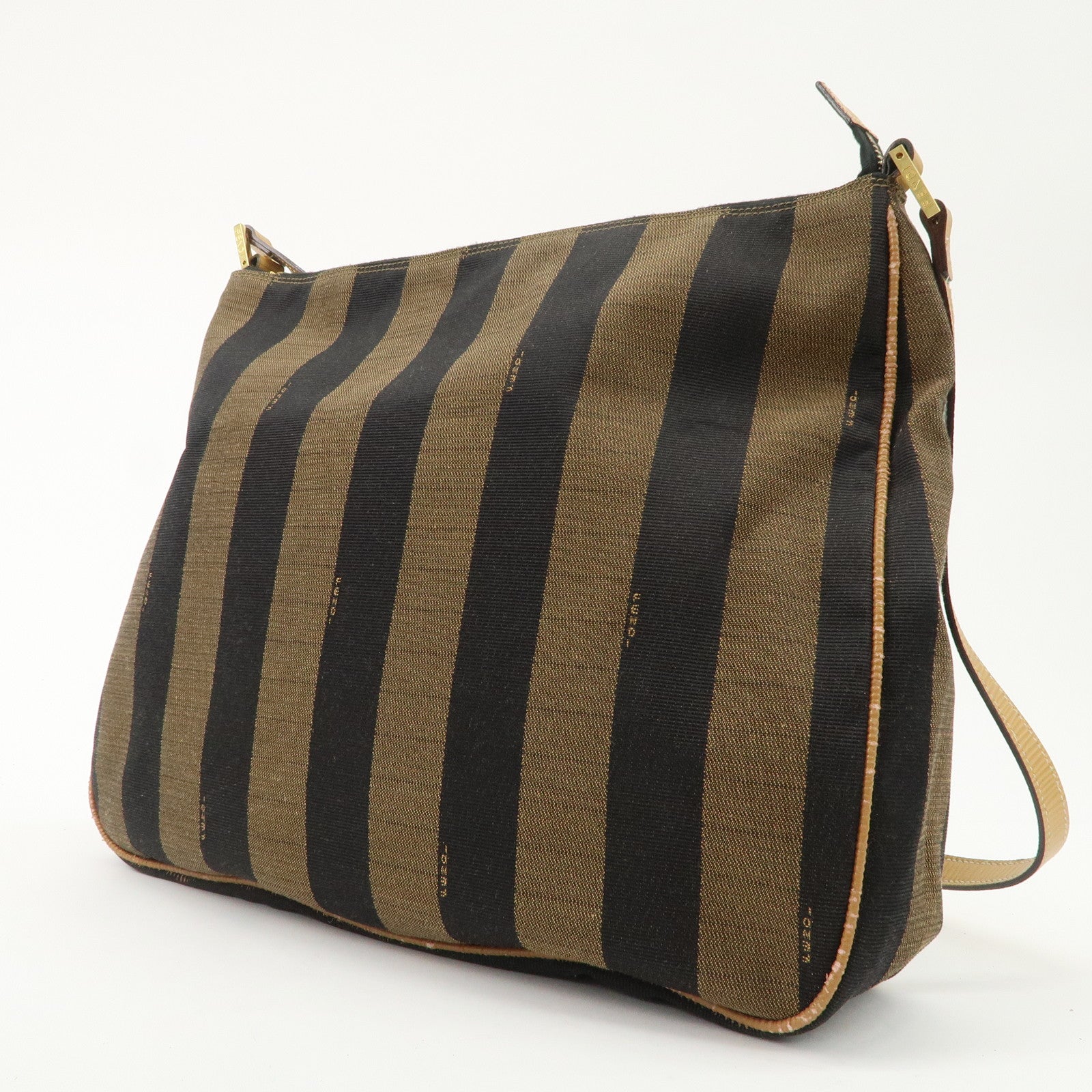 FENDI Pequin Canvas Leather Shoulder Bag Brown Black Used