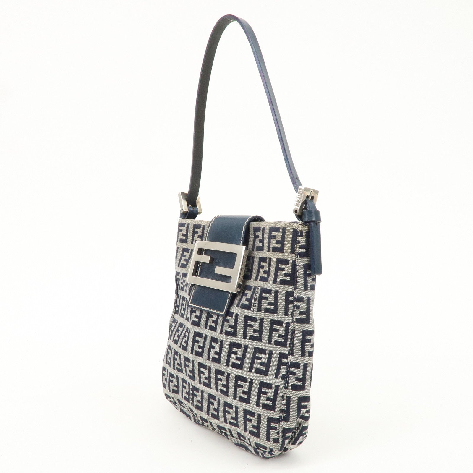 FENDI Zucchino Canvas Leather Shoulder Hand Bag Beige Navy