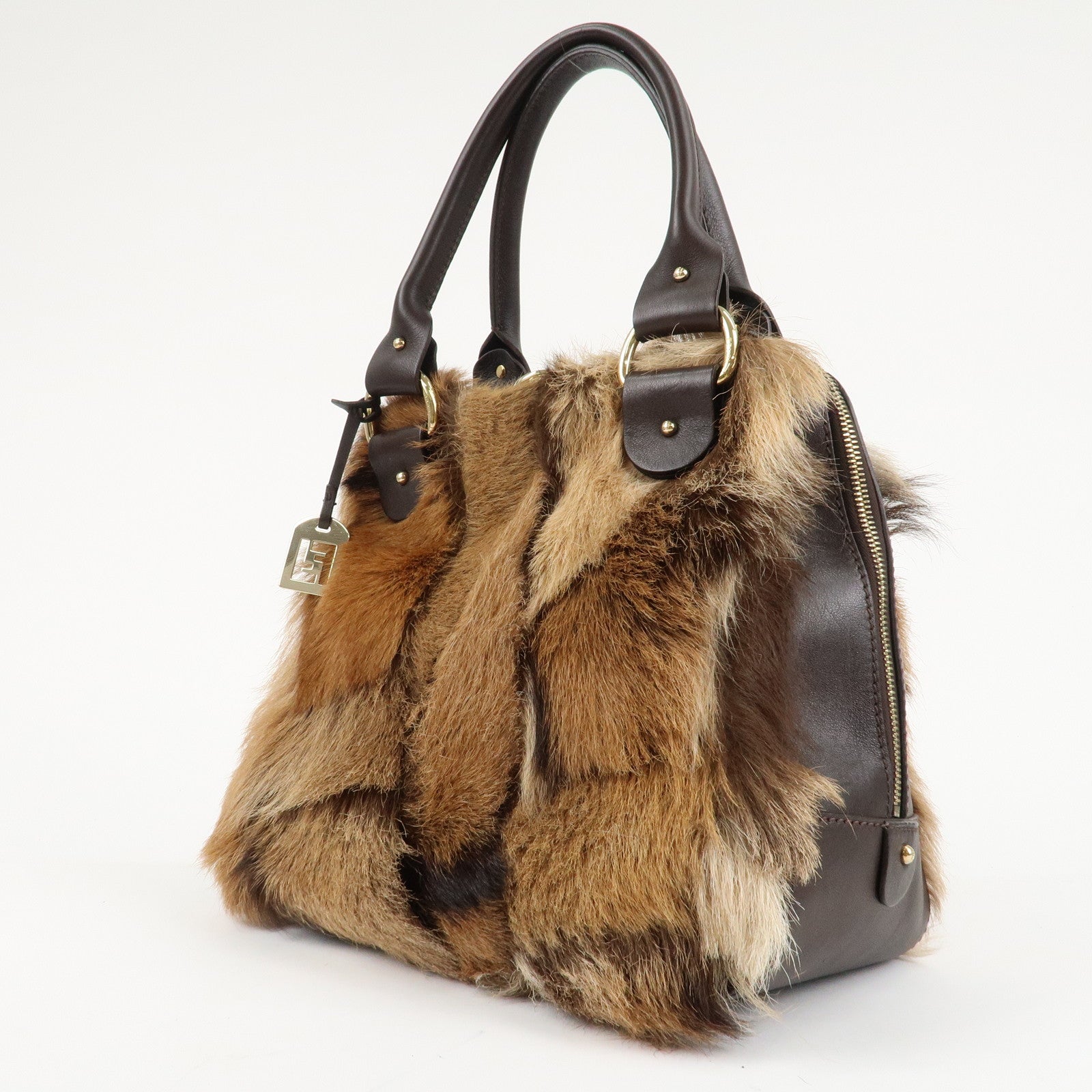 FENDI Fur Leather Tote Bag Hand Bag Shoulder Bag Brown 8BR286 Used