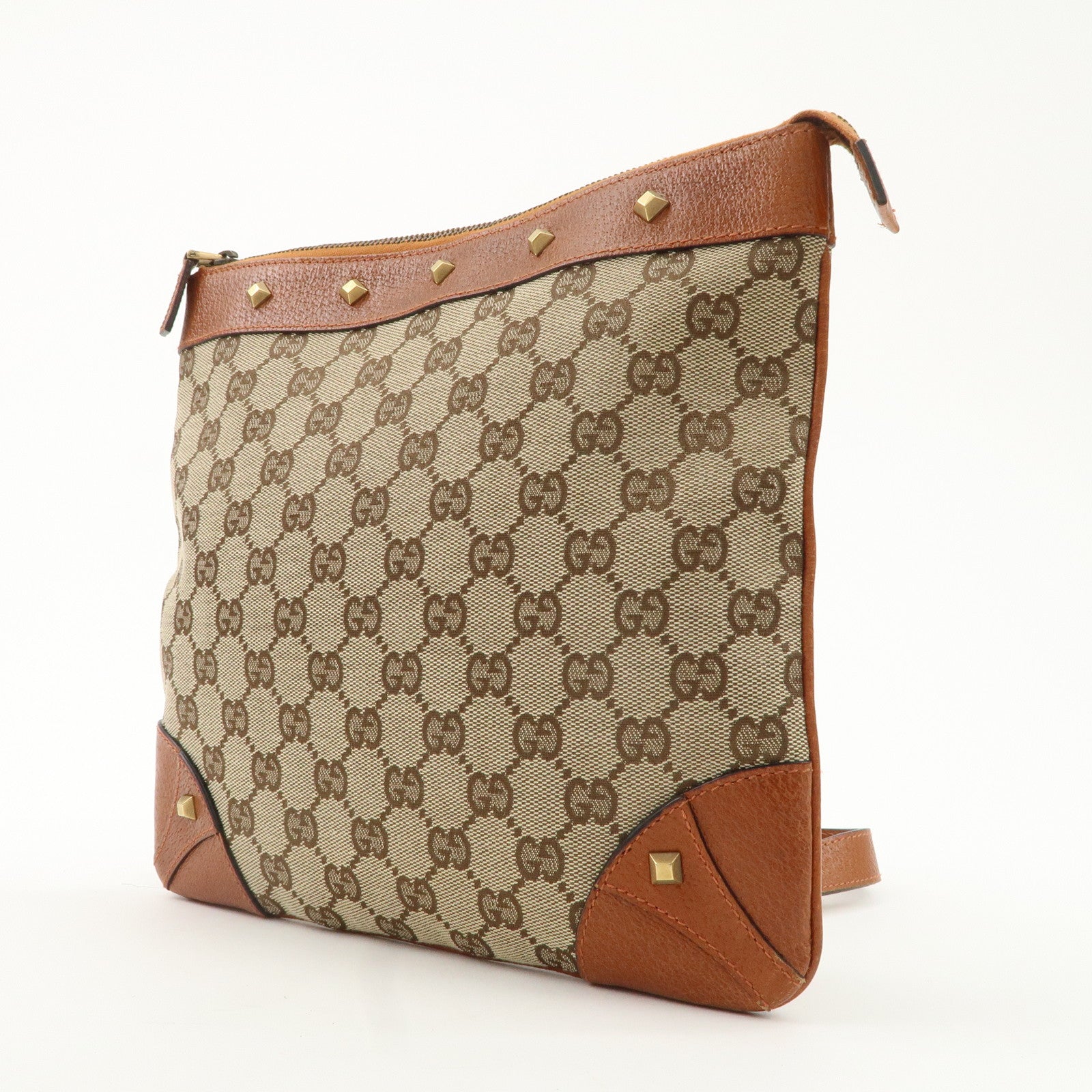 GUCCI GG Canvas Leather Shoulder Bag Brown 120893