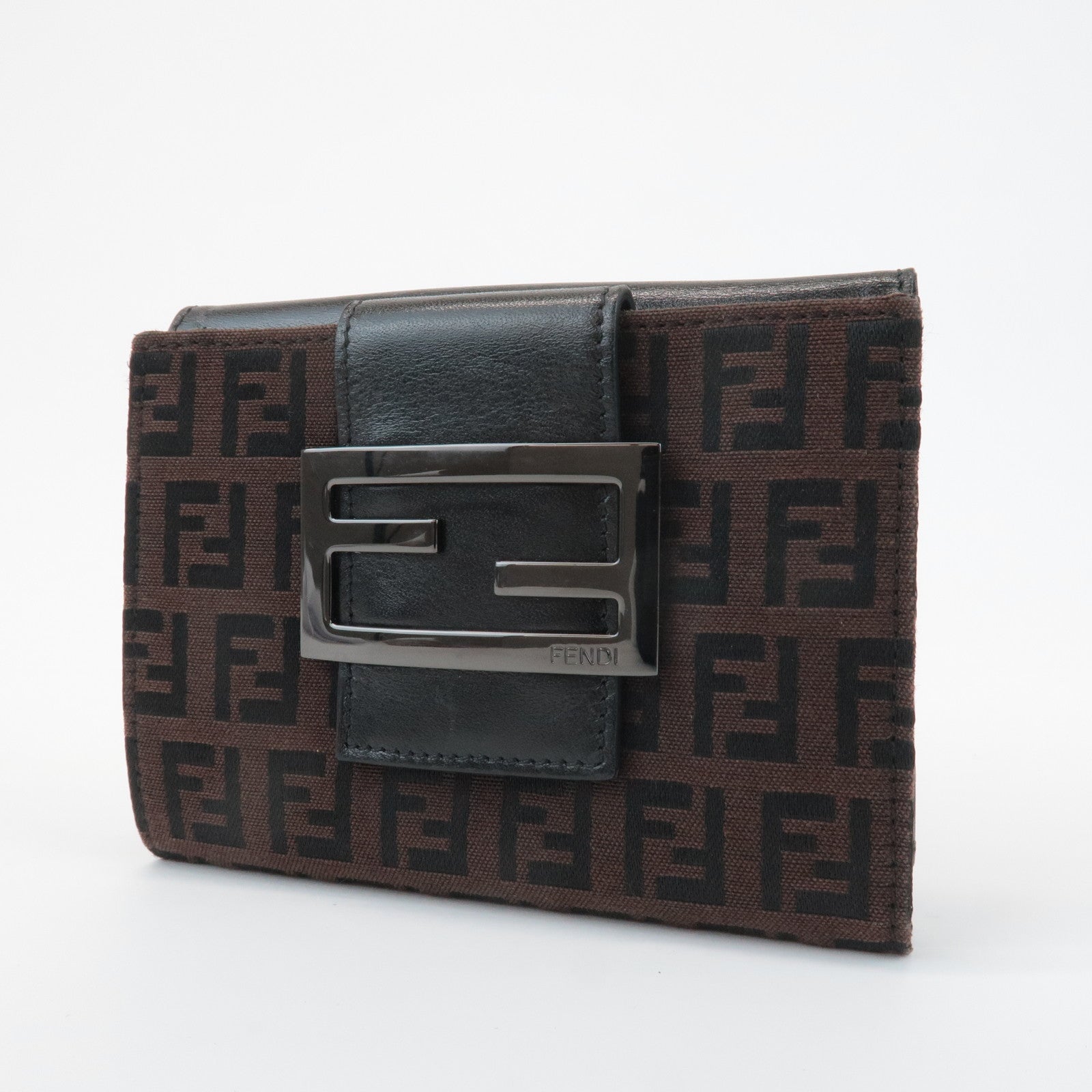 FENDI Zucca Canvas Leather Double Hook Wallet Brown Black 8M0035 Used