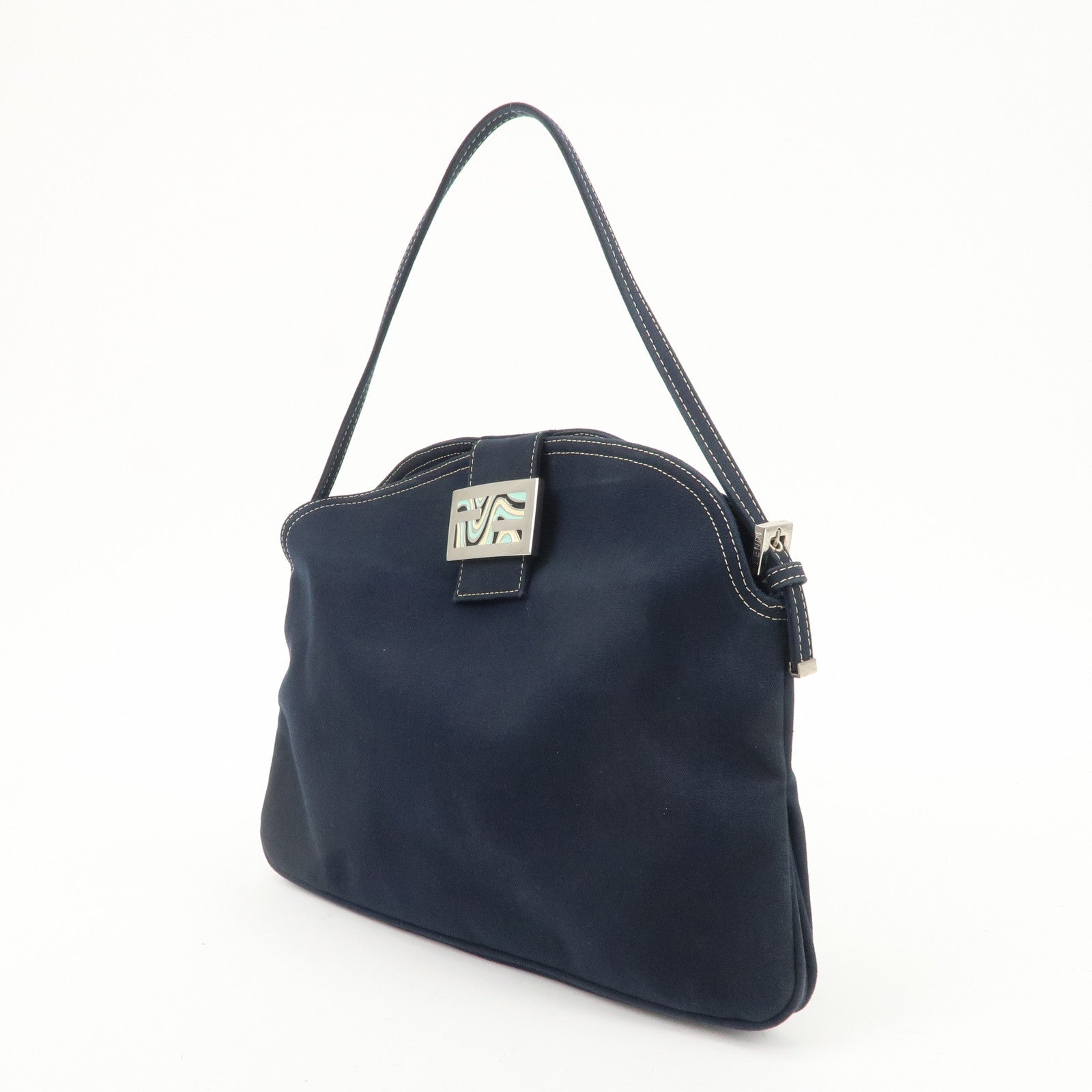 FENDI Canvas Shoulder Bag Navy Silver Hardware 26796