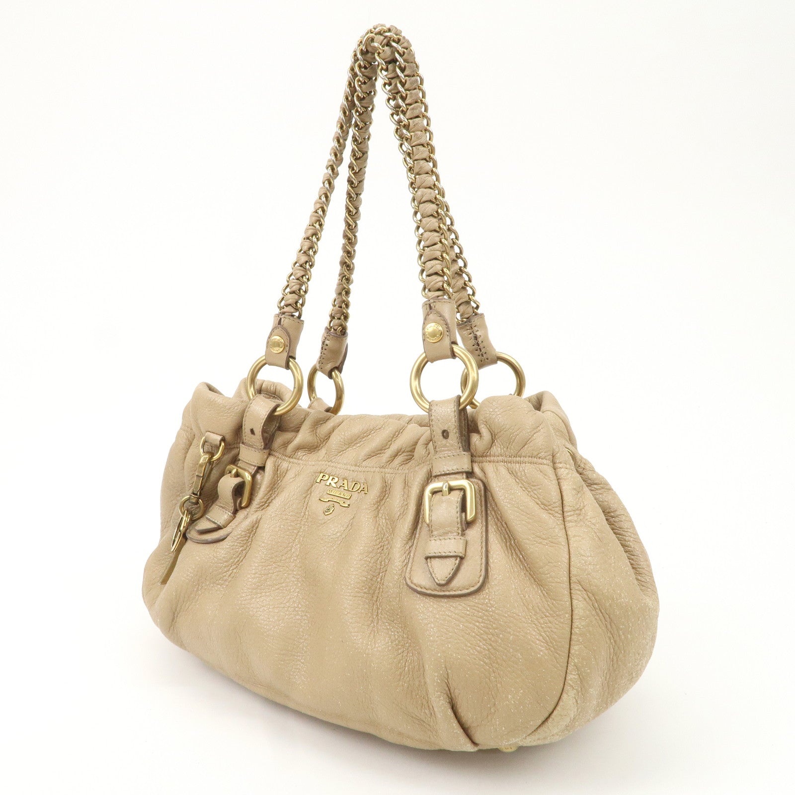 PRADA Leather Chain Shoulder Bag Beige