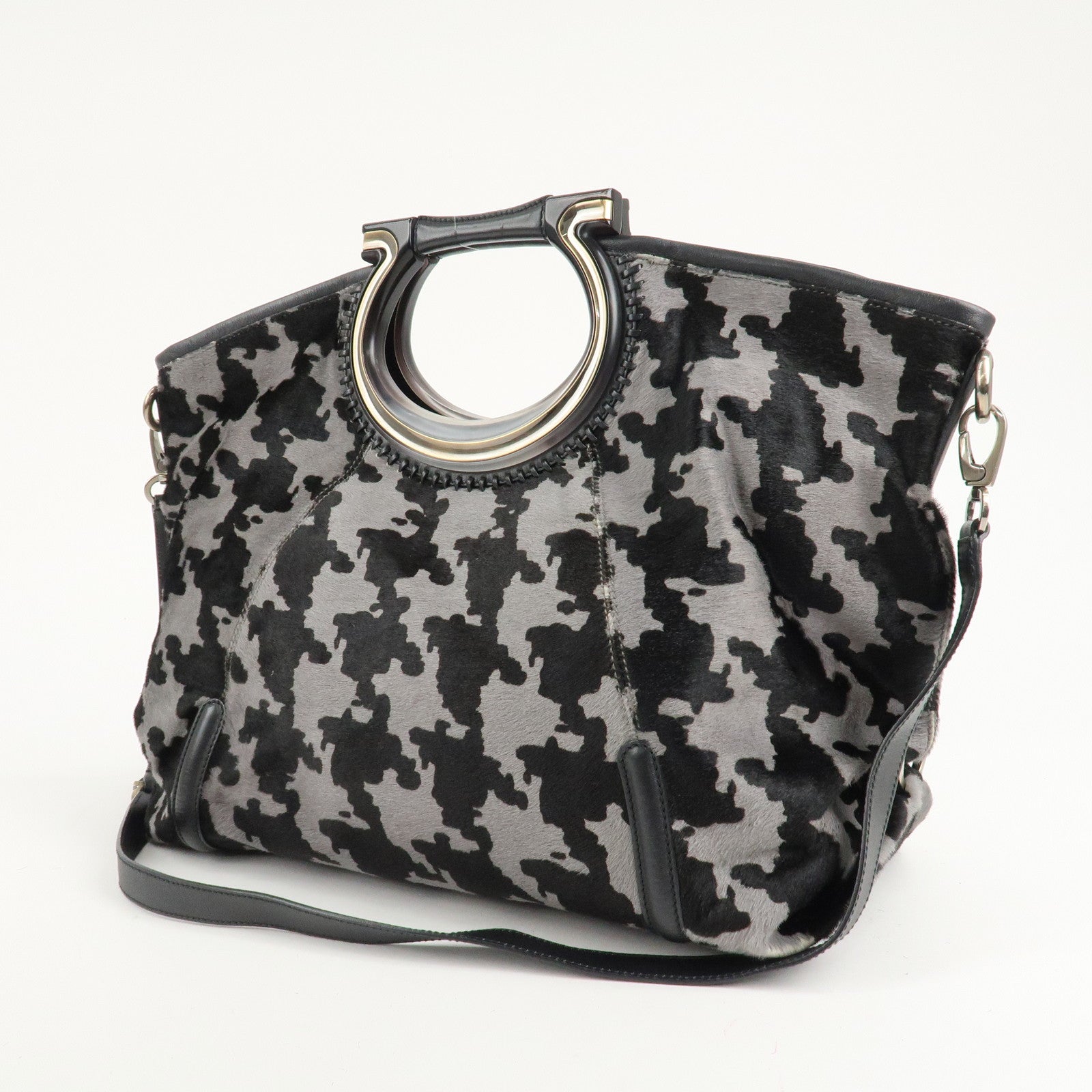 Ferragamo Gancini Unborn Calf Leather 2Way Bag Gray Black Used