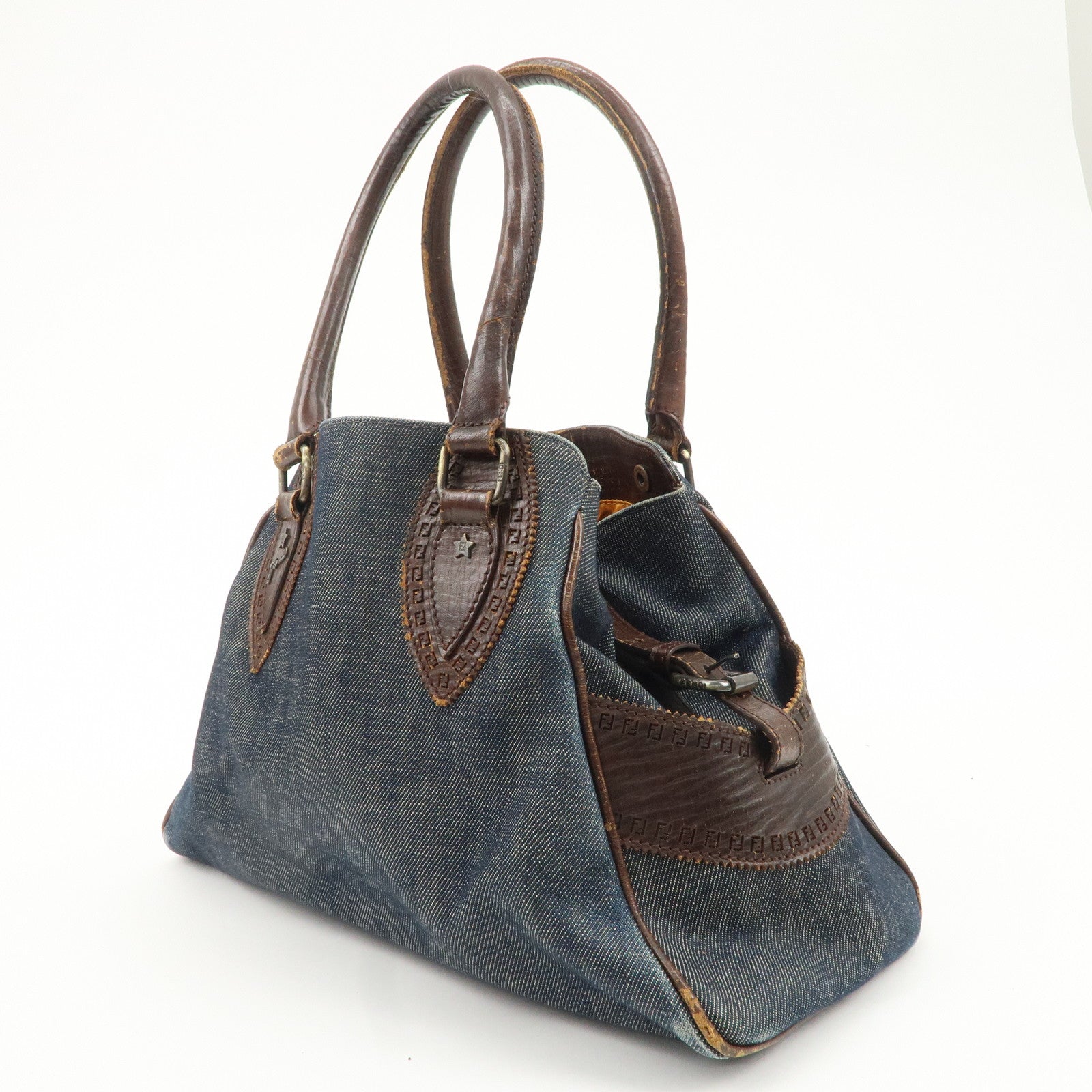 FENDI Ethnico Denim Leather Shoulder Bag Blue Brown 8BN157