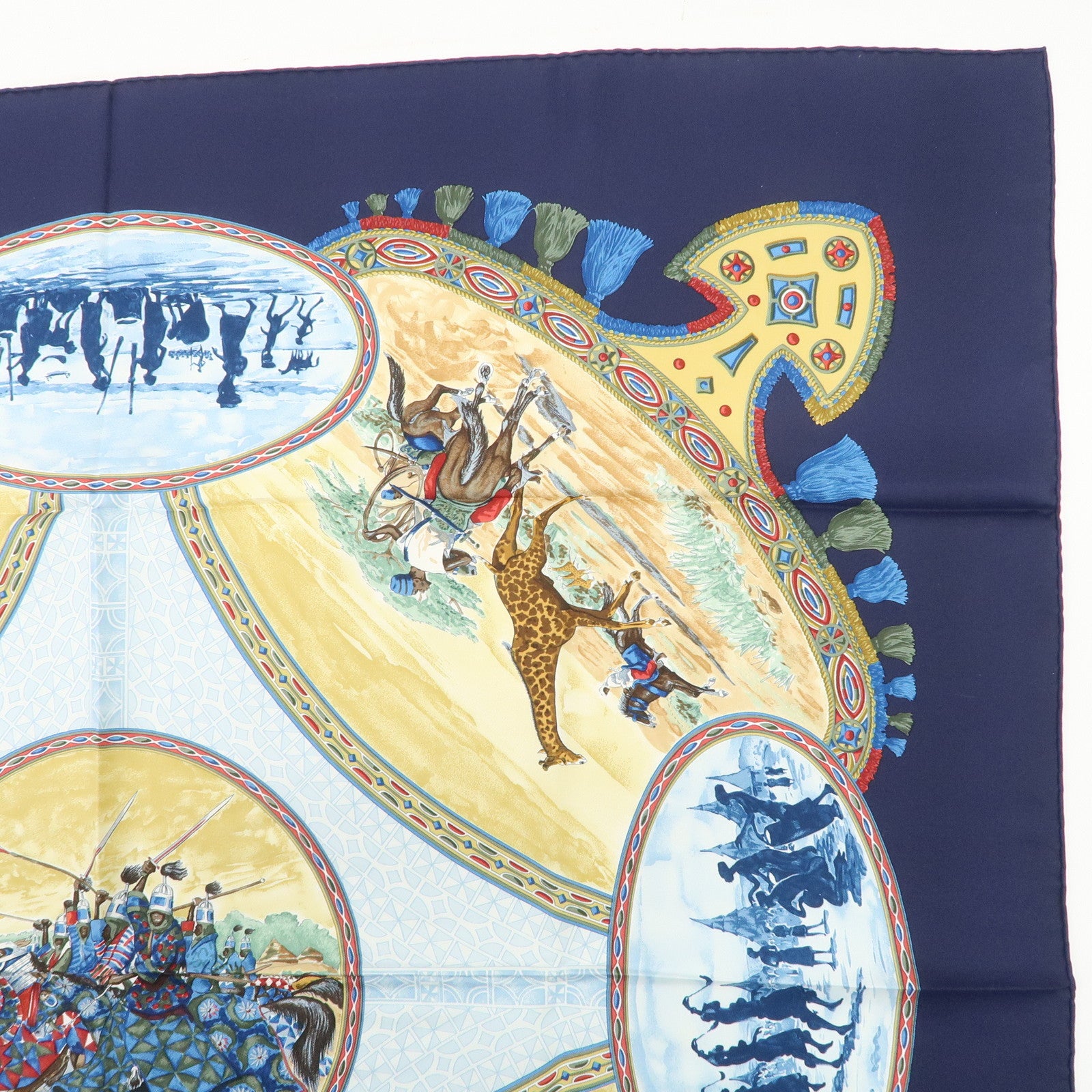 HERMES Carre 90 Silk 100%  Scarf CAVALIERS PEULS Navy Blue Used