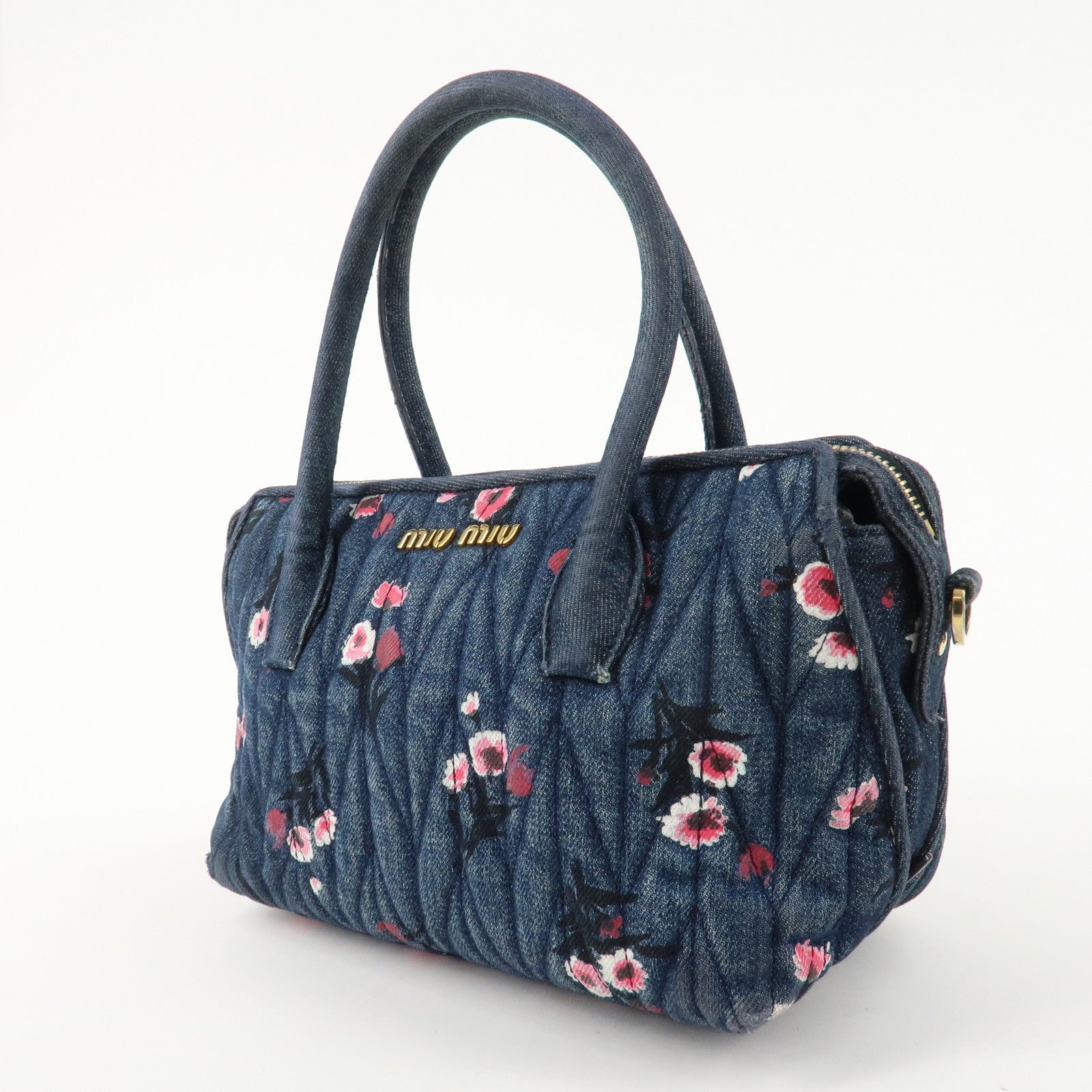 MIU MIU Matelasse Denim Leather 2Way Bag Hand Bag Flower 5BB020