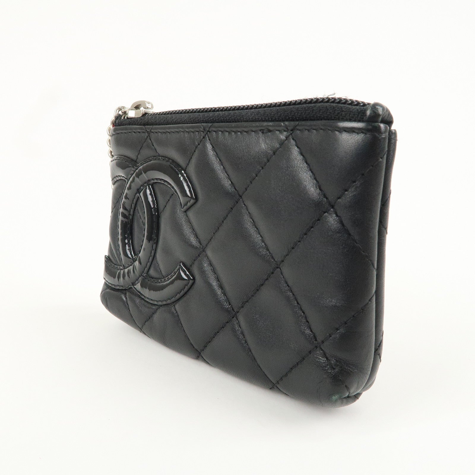 CHANEL Cambon Line Lamb Skin Enamel Coin Case Black A50083