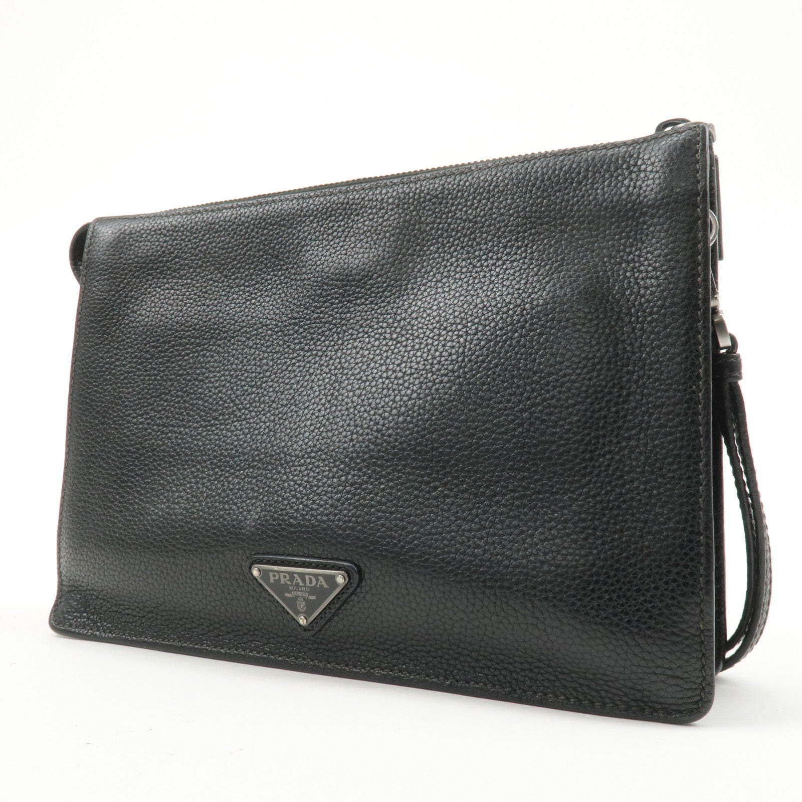 PRADA Triangle Logo Leather Clutch Bag Pouch Black