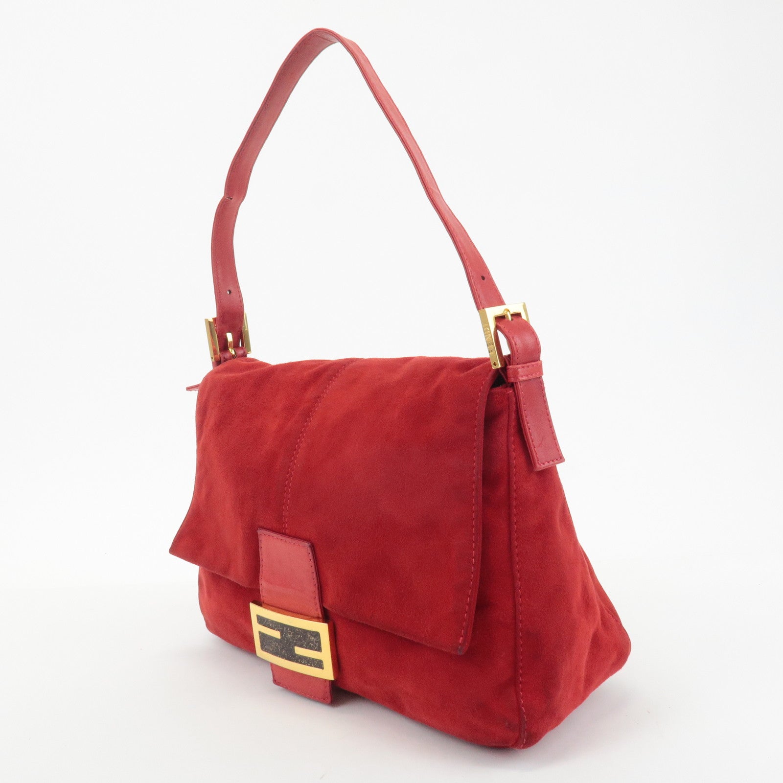 FENDI Mamma Baguette Suede Leather Shoulder Bag Red 26325