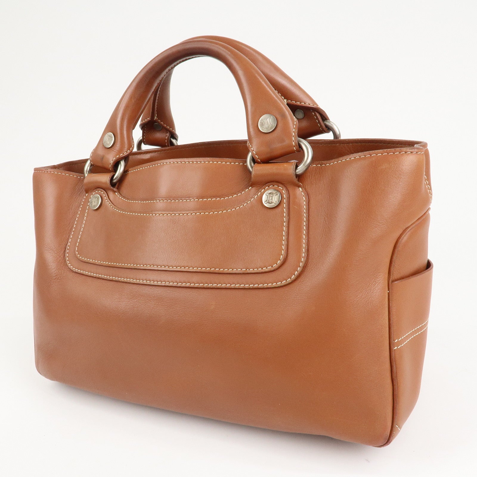 CELINE Leather Triomphe Button Boogie Bag Macadam Engraved Brown Used