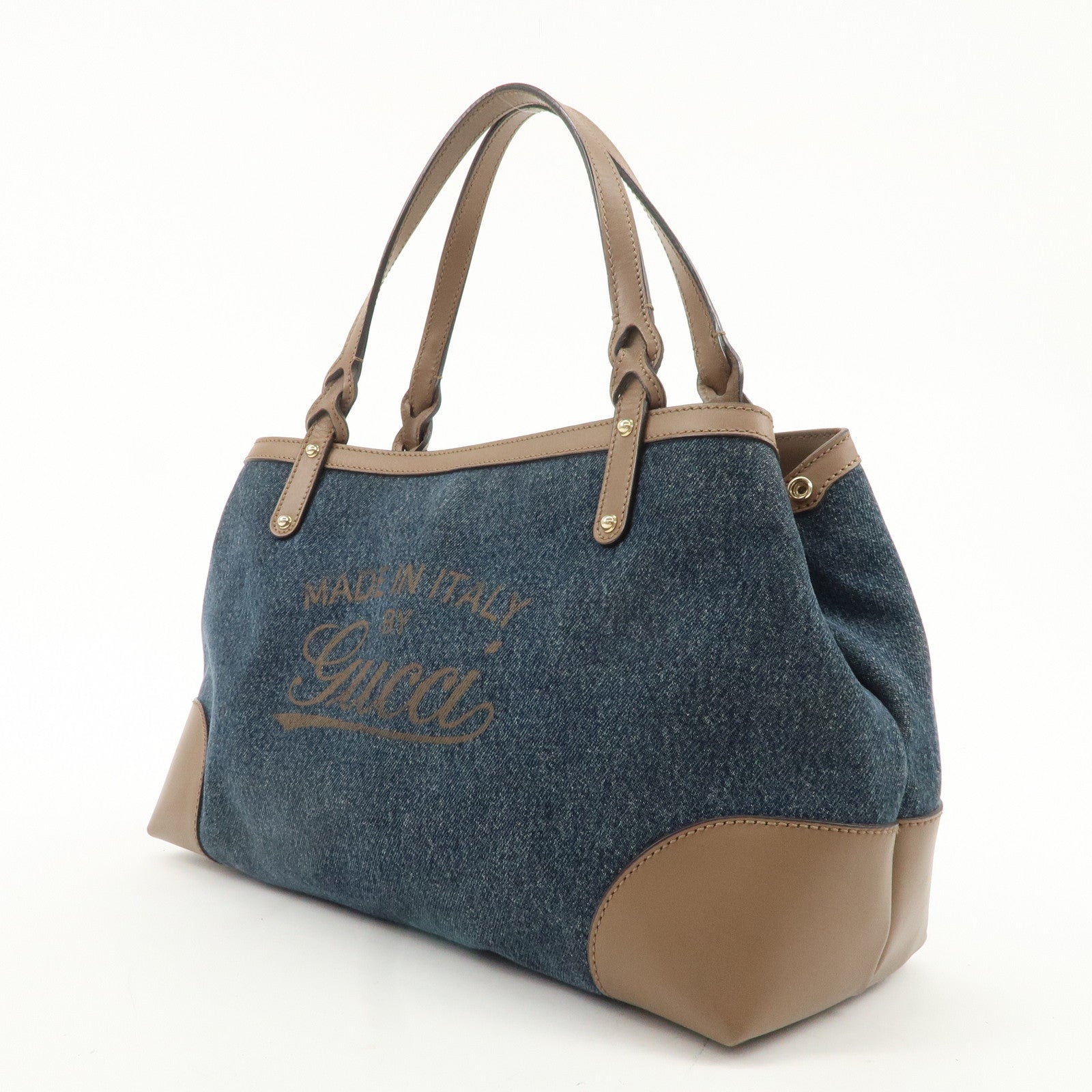 GUCCI Craft Denim Leather Tote Bag Blue Brown 348715