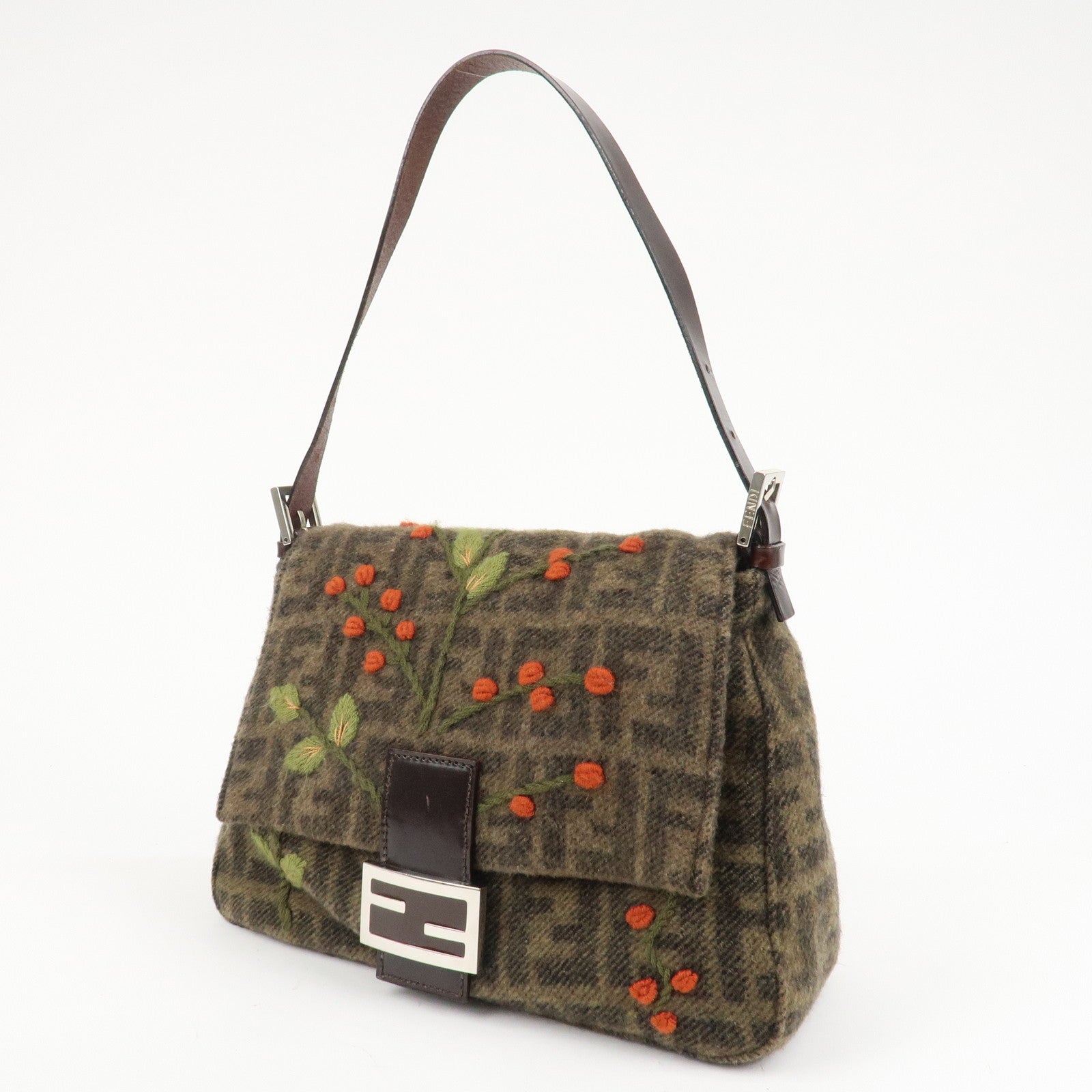 FENDI Mamma Baguette Zucca Wool Leather Shoulder Bag Flower Used