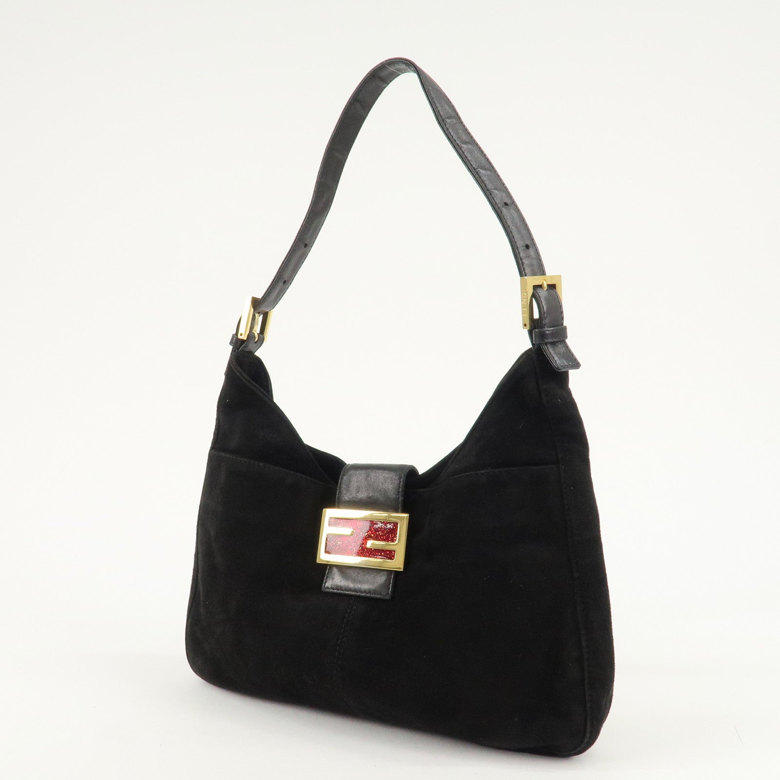 FENDI Suede Leather Shoulder Bag Black 26569