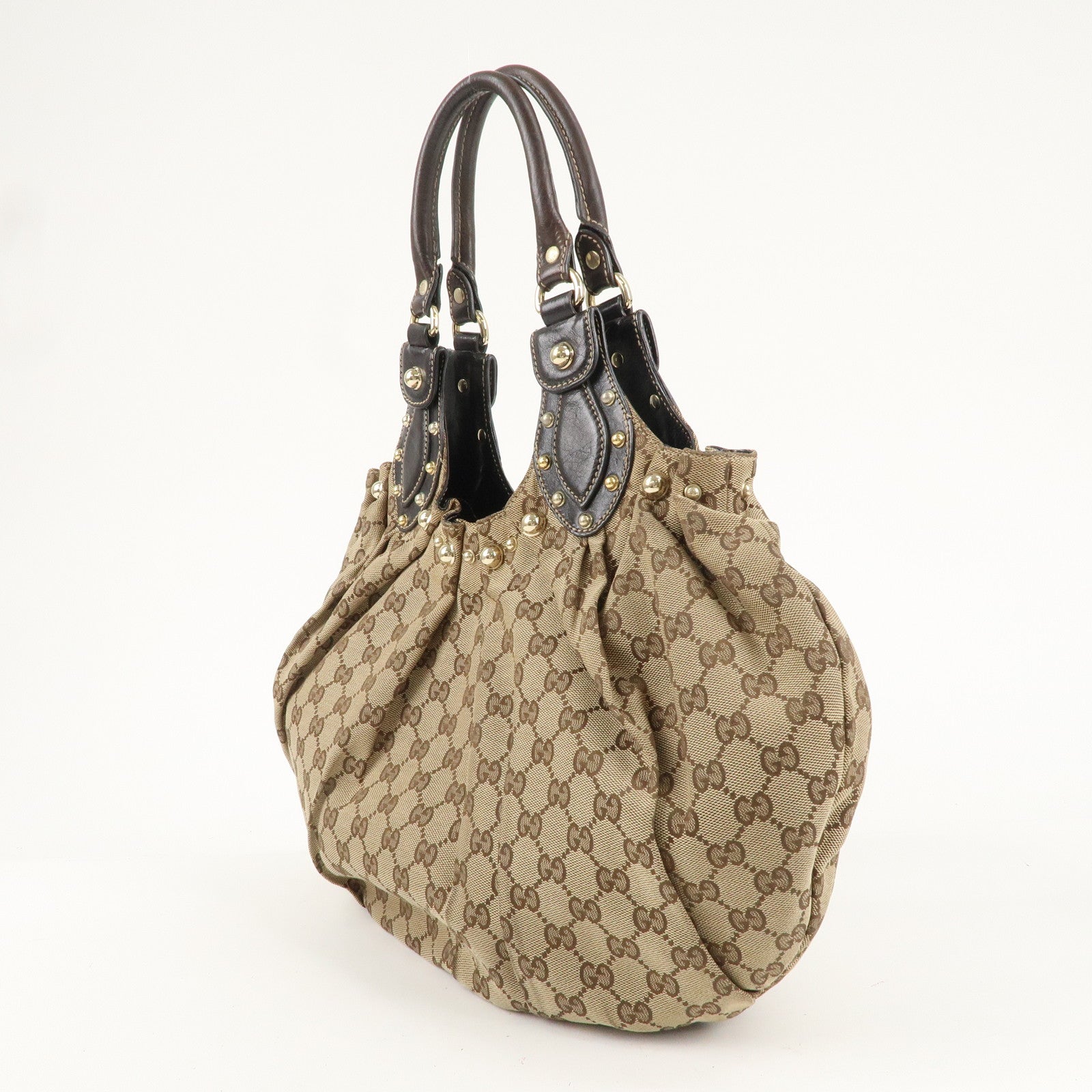 GUCCI GG Canvas Leather Studs Shoulder Bag Beige Brown 203624