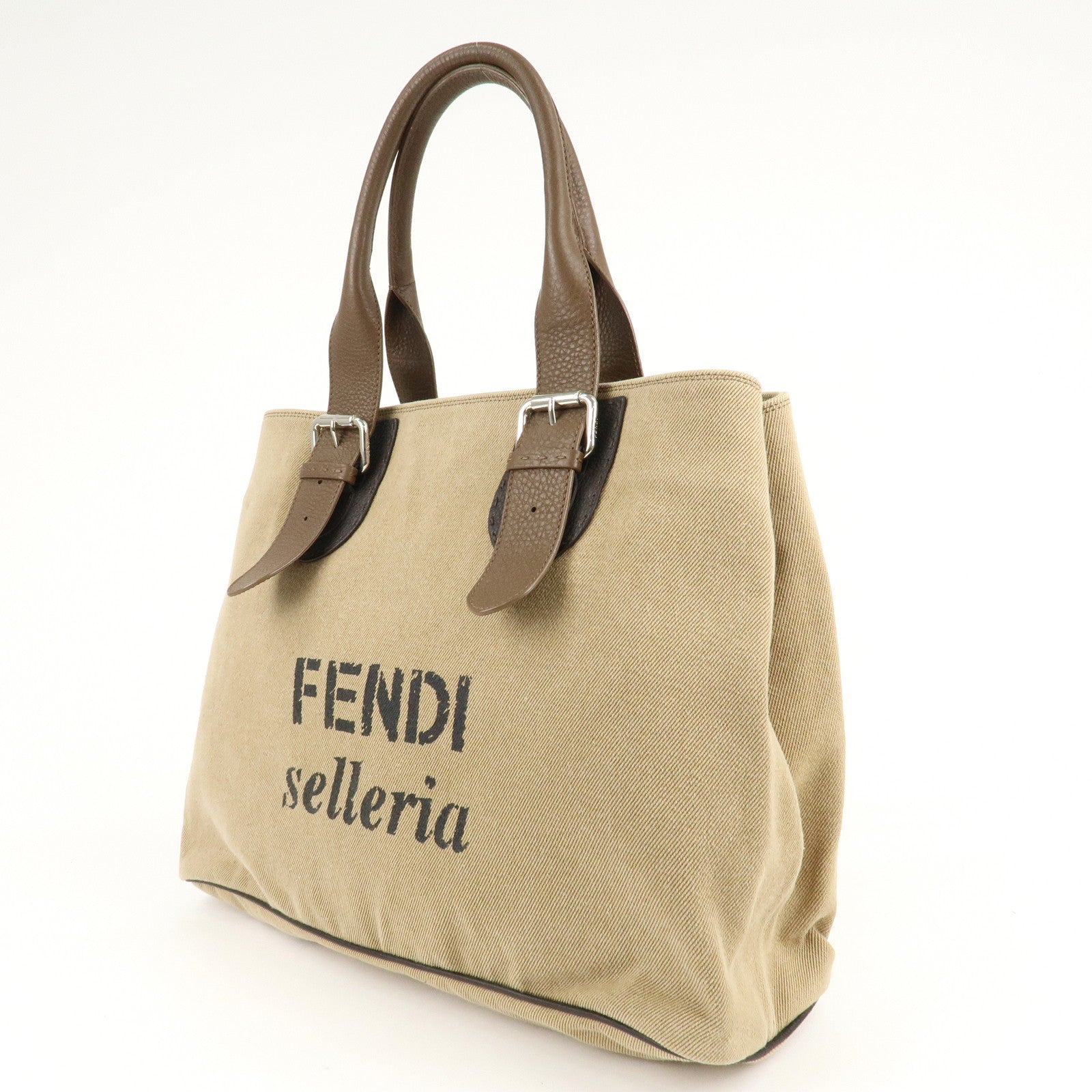 FENDI Canvas Leather Tote Bag Shoulder Bag Hand Bag Beige