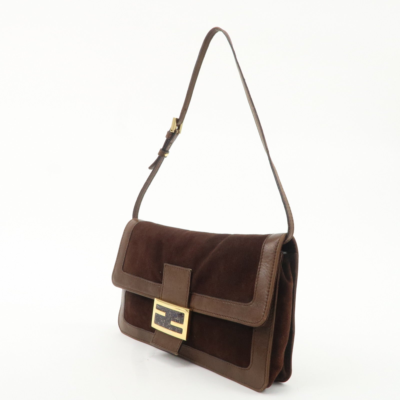 FENDI Suede Leawther Shoulder Bag Hand Bag Brown 16381