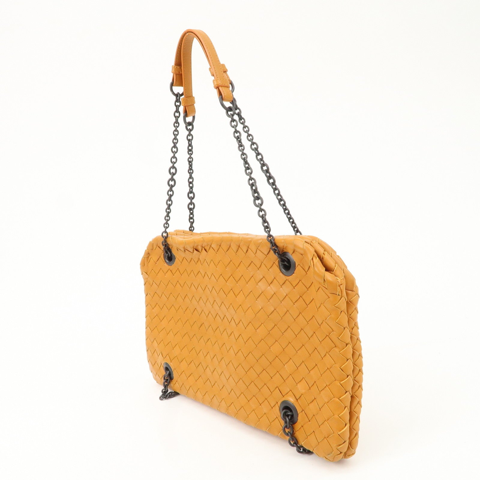 Bottega Veneta Intrecciato Leather Chain Shoulder Bag Orange Used