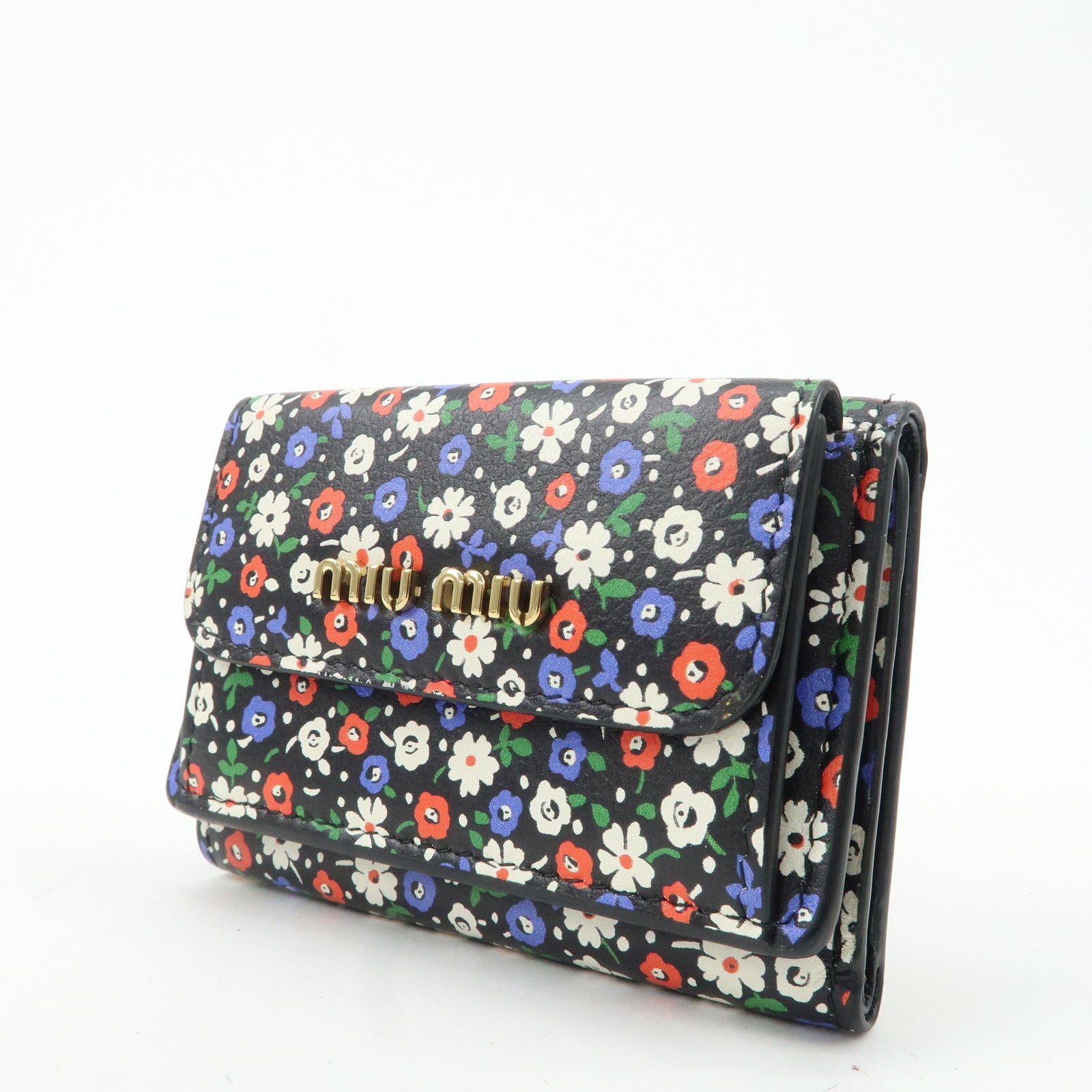 MIU MIU Leather Wallet Compact Flower Black Multicolor