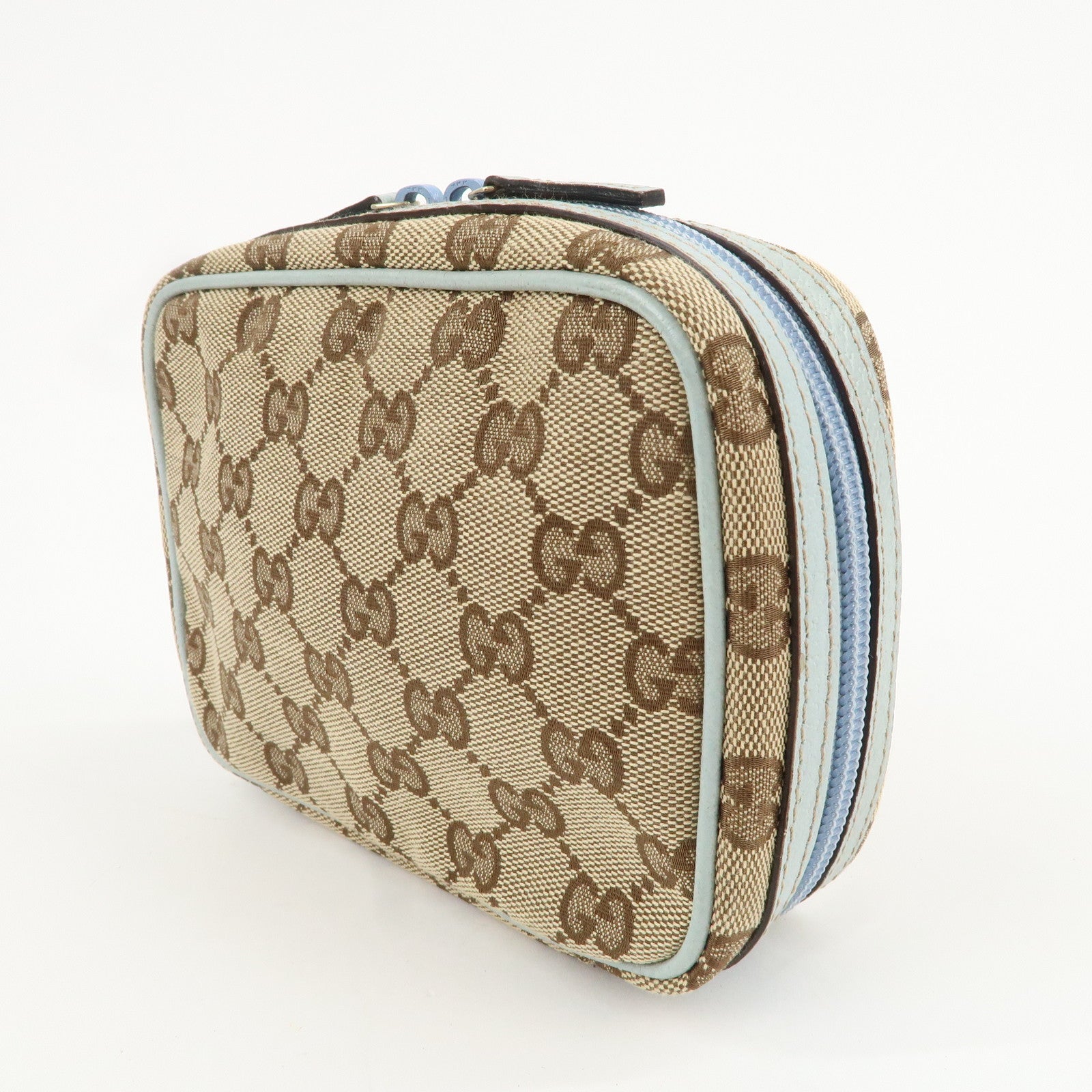 GUCCI GG Canvas Leather Pouch Cosmetic Pouch Light Blue 153129