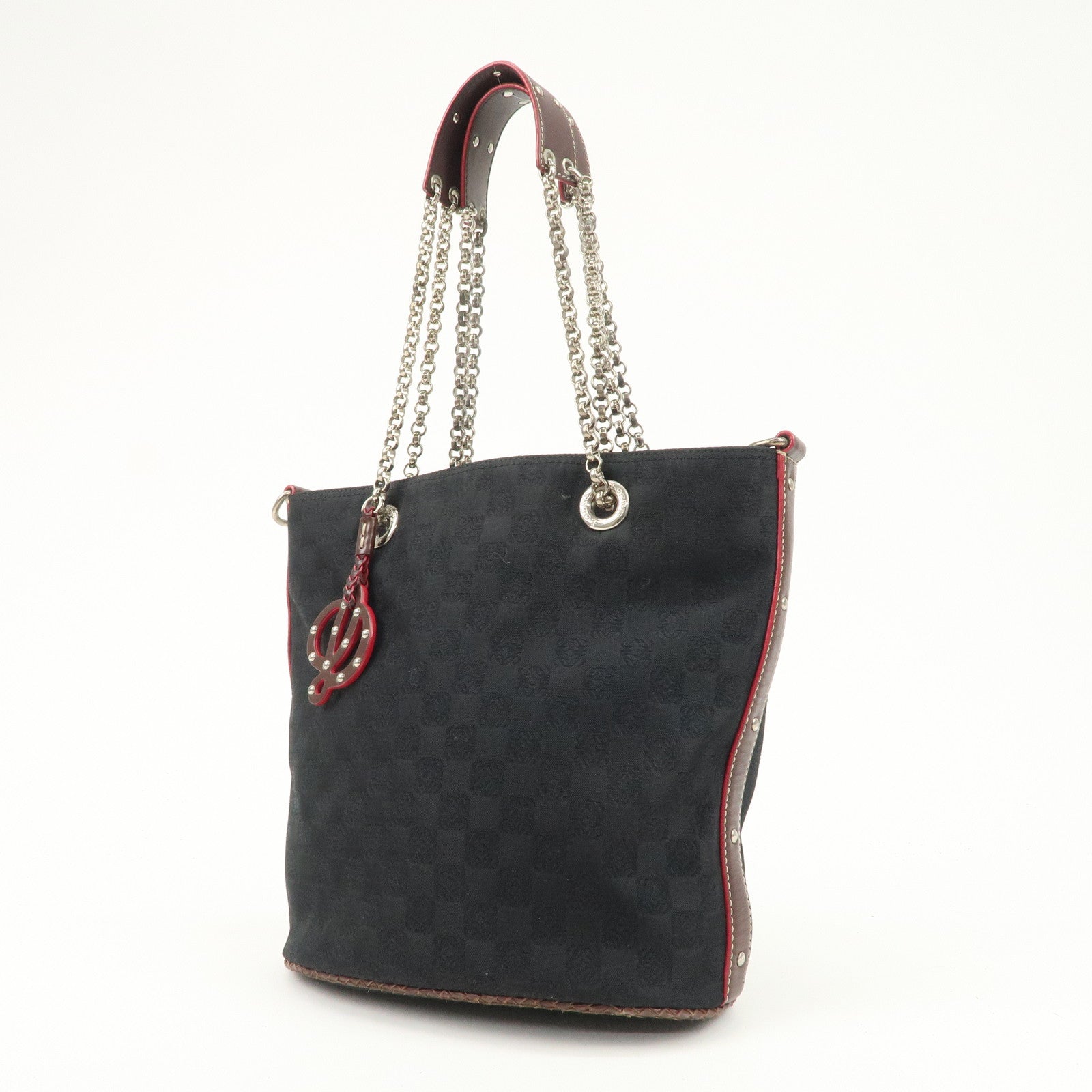 LOEWE Anagram Canvas Leather Shoulder Bag Black Brown Red Used