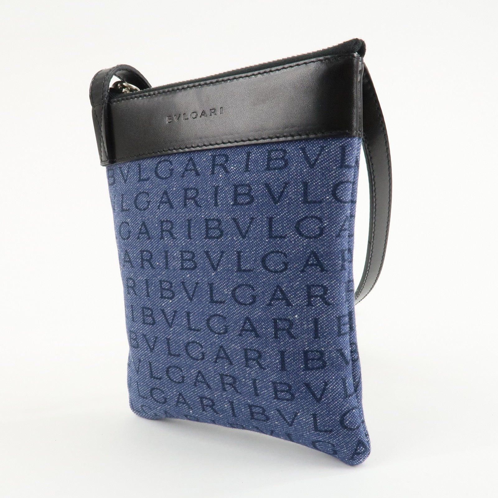 BVLGARI Logo Mania Canvas Leather Shoulder Bag Blue