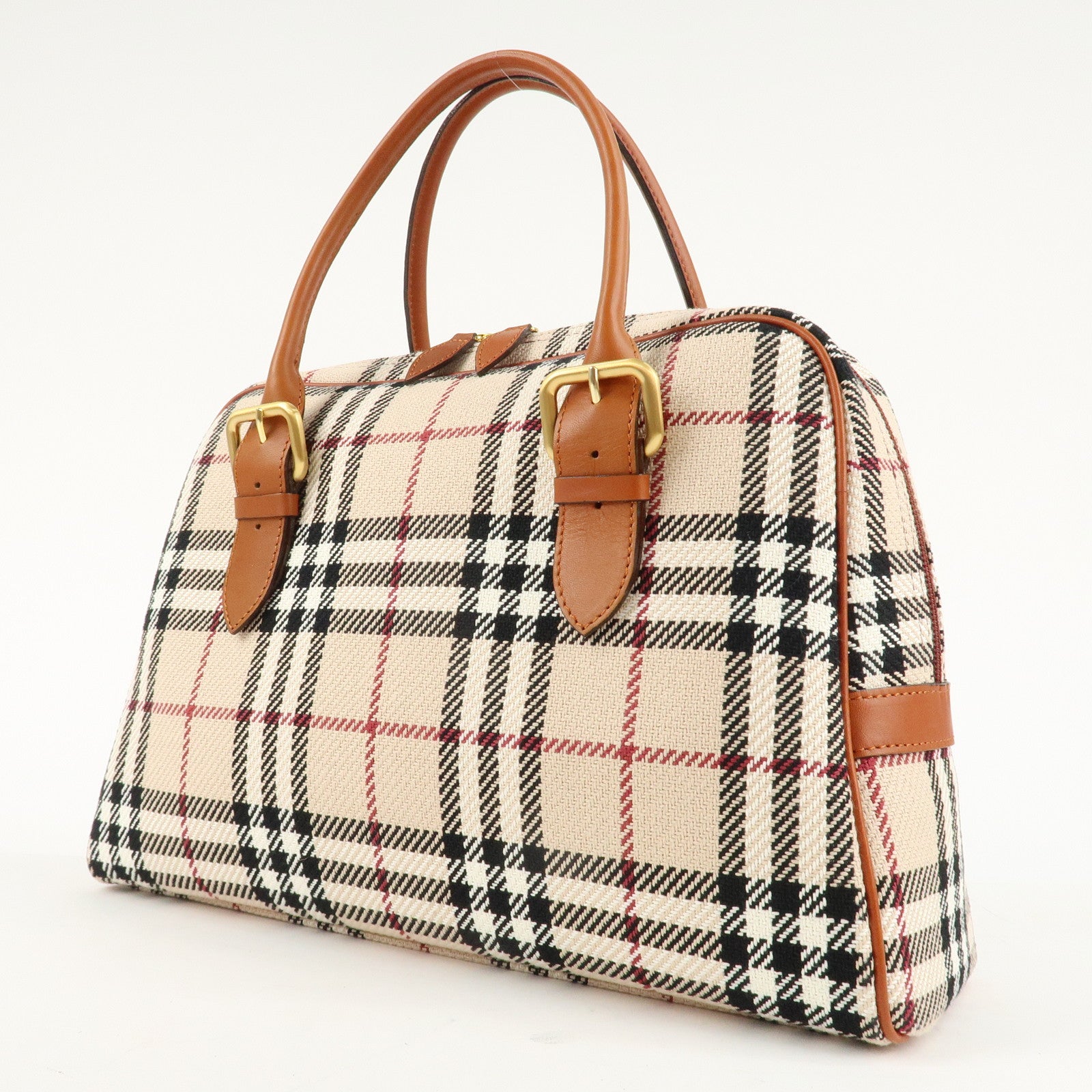 BURBERRY Leather Hand Bag Boston Bag Nova Plaid Brown Used