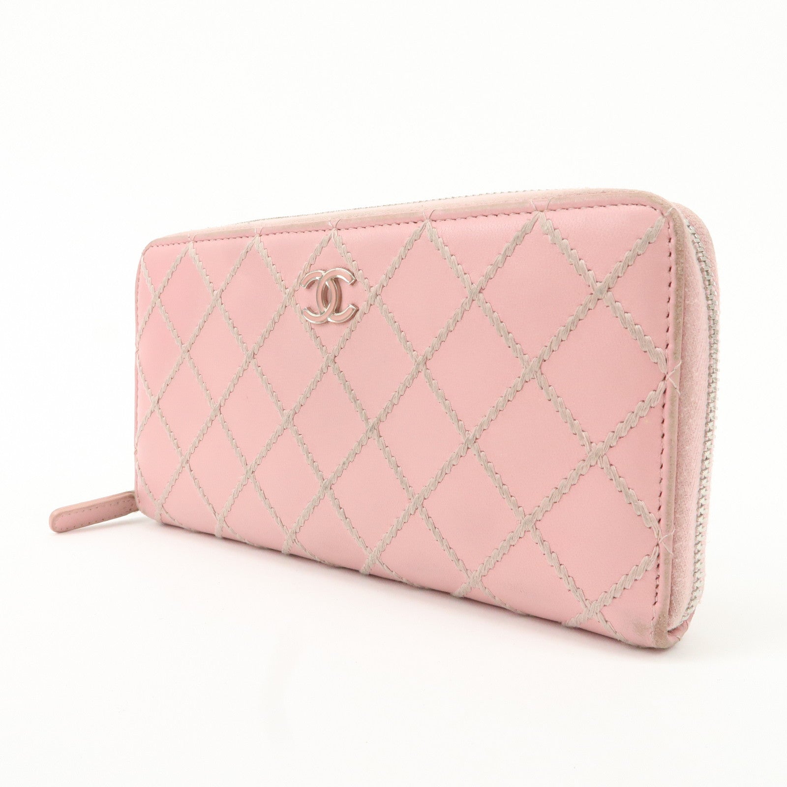 CHANEL Wild Stitch Lamb Skin Round Zipper Long Wallet A80143