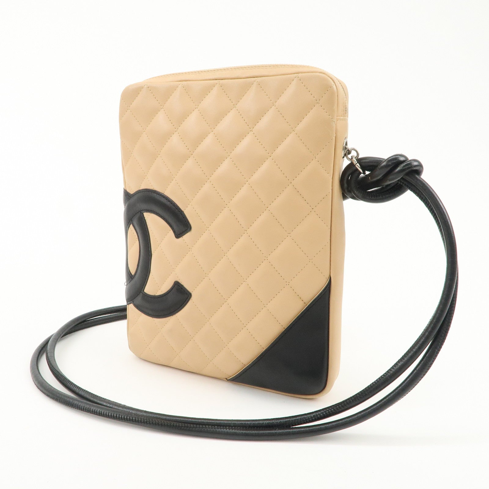 CHANEL Cambon Line Lambskin Shoulder Bag Beige Black A25178 Used