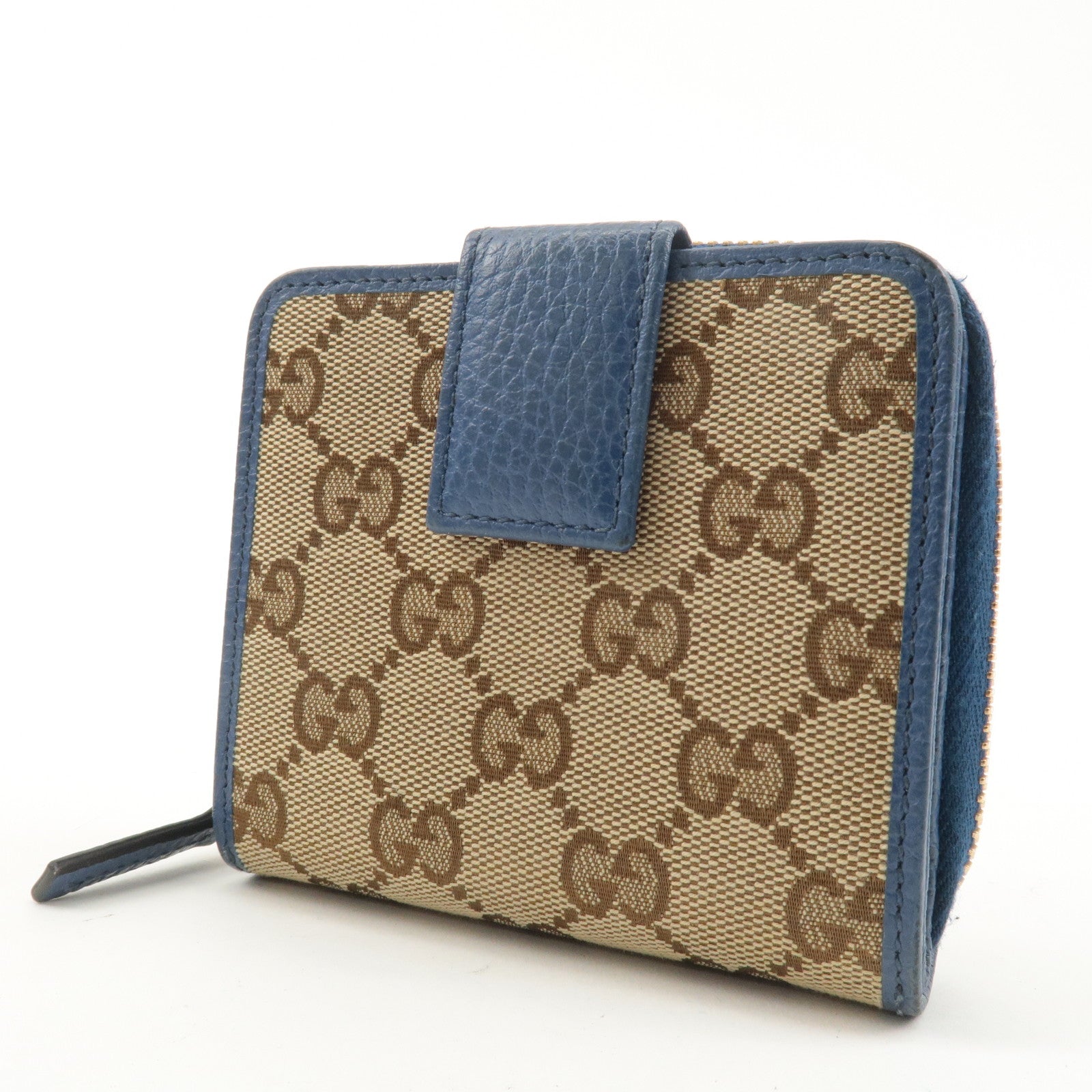 GUCCI GG Canvas Leather Bi -fold Wallet Beige Blue 346056・2184