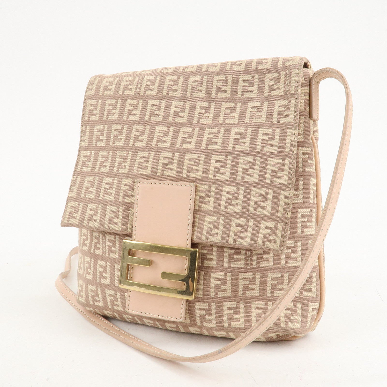 FENDI Zucchino Canvas Leather Shoulder Bag Pink Beige 8BT075