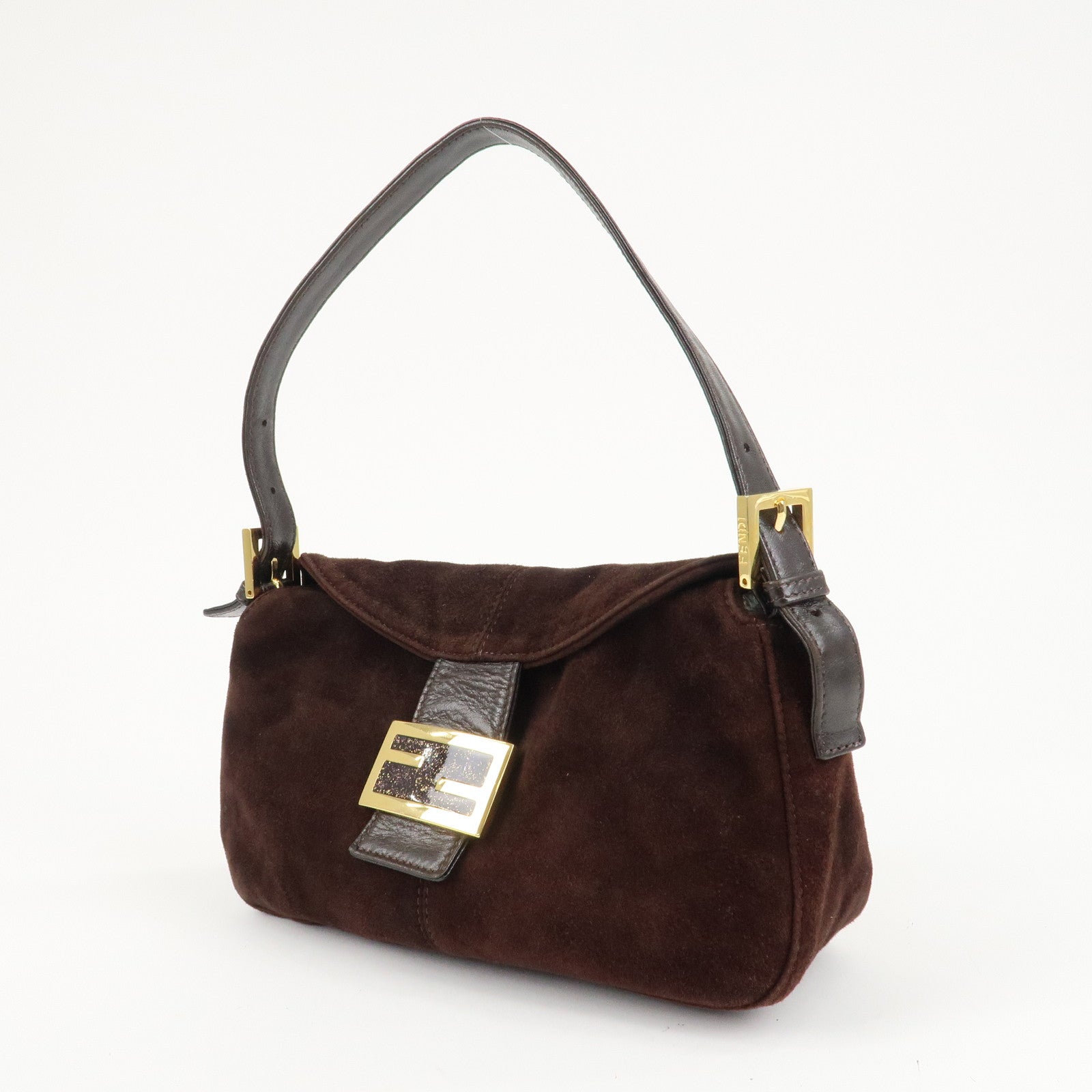 FENDI Suede Semi-Shoulder Bag Hand Bag Dark Brown Gold HDW 26725