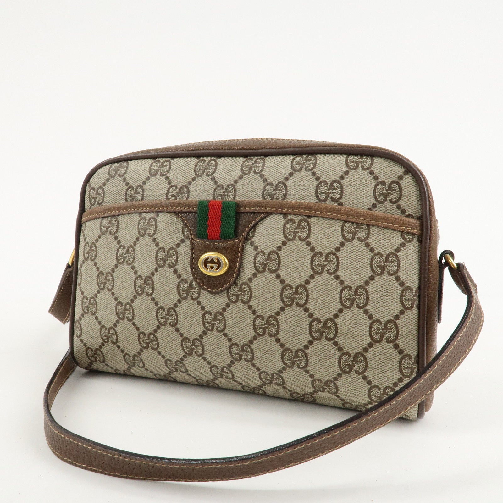 GUCCI Old GUCCI Sherry GG Plus Leather Shoulder Bag Beige Brown Used