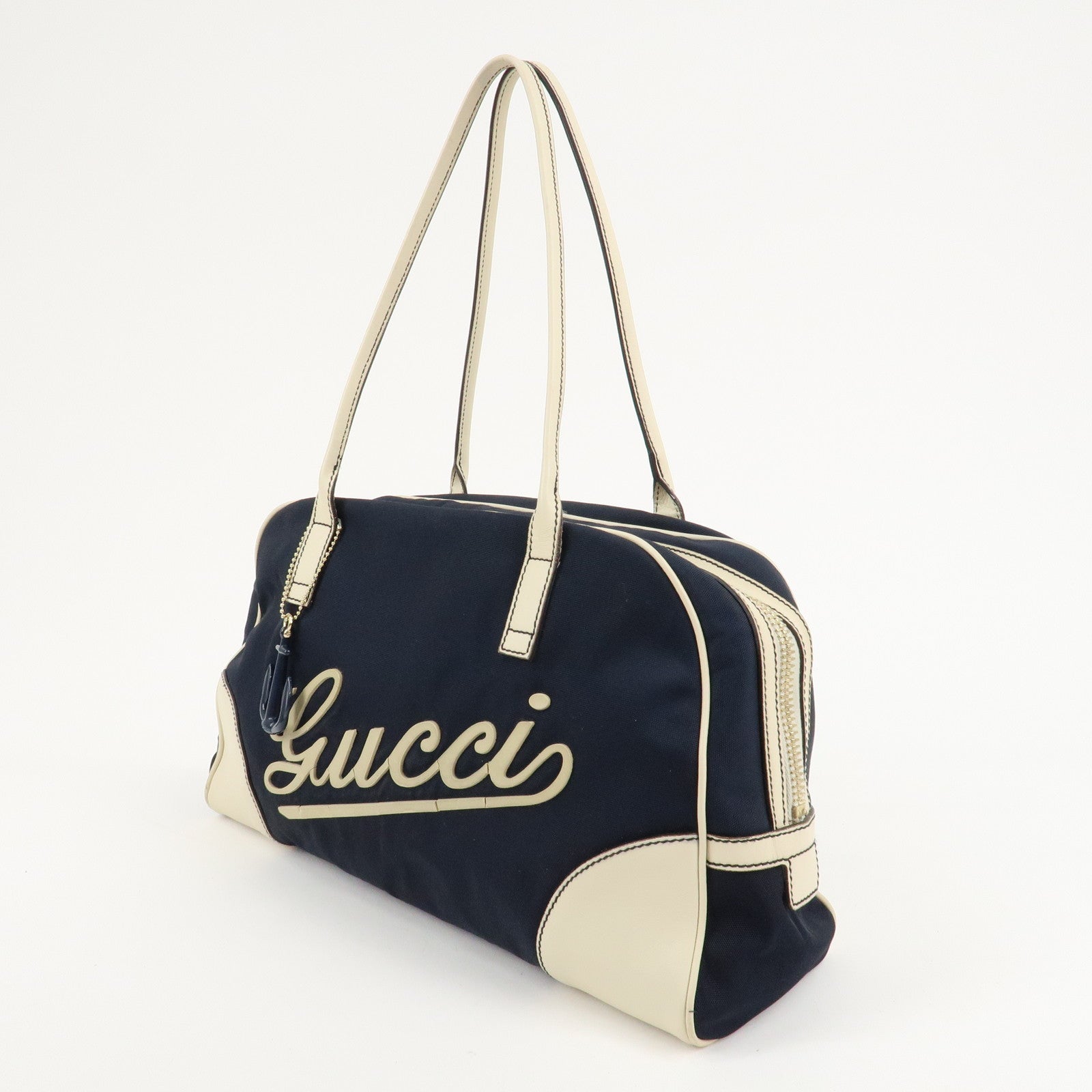 GUCCI Canvas Leather Boston Bag Hand Bag Navy Ivory 169973