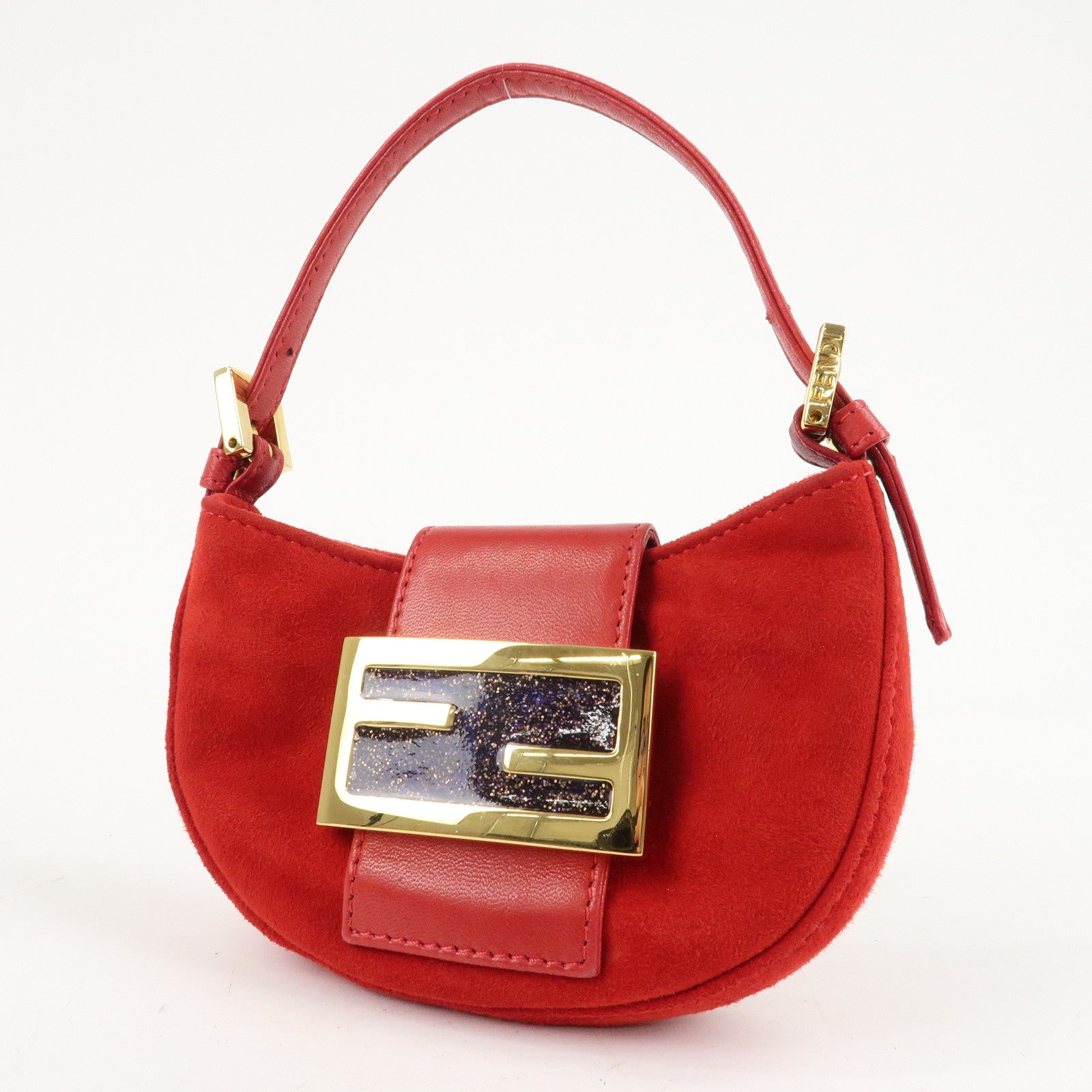 FENDI Suede Leather Mini Croissant Hand Bag Red 26673